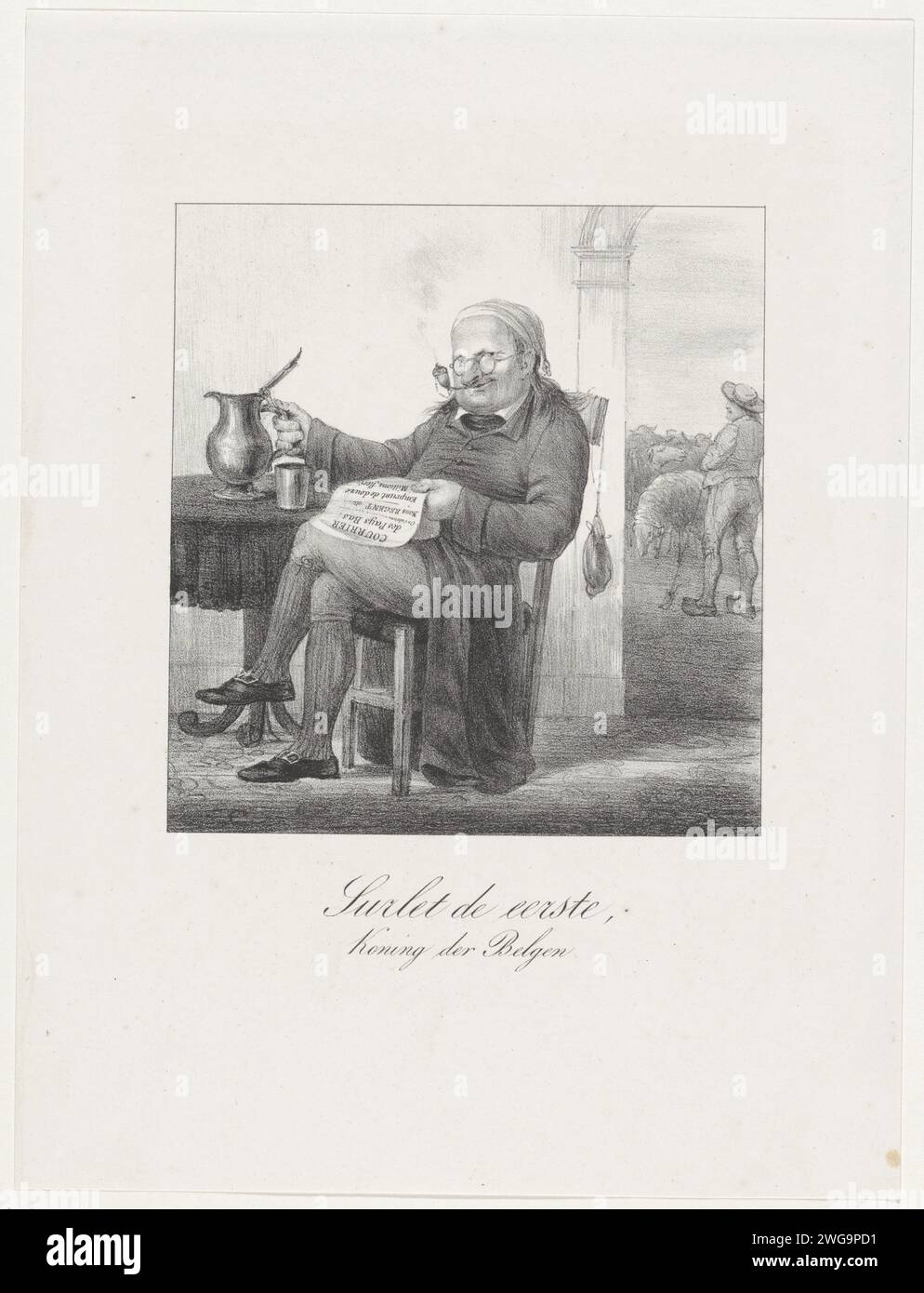 Cartoon on the regency of Surlet de Chokier, 1831, 1831 print Cartoon on the regency of Surlet de Chokier. Surlet de Chokier was appointed Regent of Belgium on February 24, 1831. De Regent presented as an ordinary citizen, piping in a cafe behind a game of beer. In the background a shepherd with a herd of sheep. Netherlands paper  glass of beer (+ taking (particular) foodstuffs: eating, drinking, smoking, chewing, etc.) Stock Photo