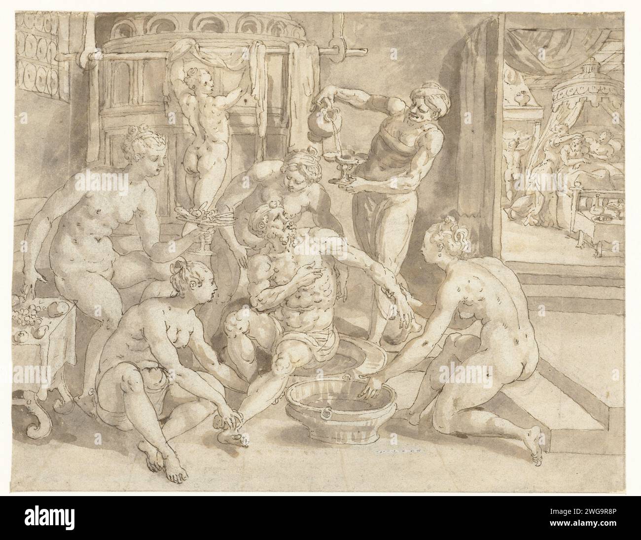 The rich man in Bad, Maerten de Vos, 1542 - 1603 drawing Depart with the rich man who is bathed. He is surrounded by women who help him bathe. He is put in bed in the background. Design for the print from a series of four with the parable of the rich man and the poor Lazarus.  paper. ink pen / brush the rich man (Dives) is feasting, while poor Lazarus is starving at the gate (dogs licking Lazarus' sores) (Luke 16:19-31). taking a bath Stock Photo