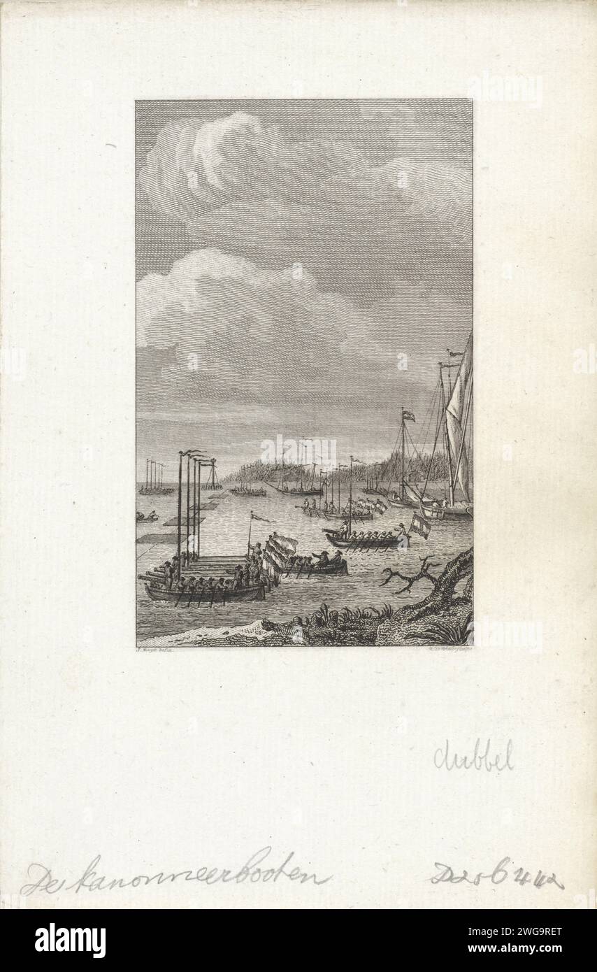 Cannoon sloops in the Dordtsche Kil, 1793, Reinier Vinkeles (I), After Jacobus Buys, After Carel Frederik Bendorp (I), After Martinus Schouman, 1800 print The closure of the Dordtsche Kil with rafts, guns and some other vessels on March 29, 1793, as a defense against the French. Amsterdam paper etching / engraving rowing-boat, canoe, etc.. chains across waterway Dordtse Kil Stock Photo