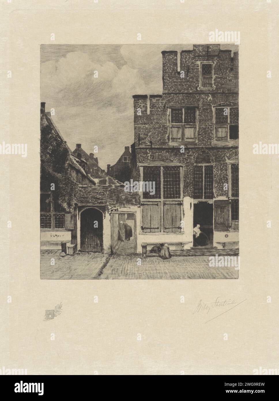 View of Huizen in Delft, known as 'Het Straatje', Willem Steelink (II), After Johannes Vermeer, 1888 - 1891 print View of Huizen in Delft, known as 'the street'. The facades of a few houses on a street in Delft. Between the houses an alley where a woman is bent over a wash. In the open door of the house on the right, a woman is crafted, left in front of the house on the sidewalk two children playing. Bottom left in the margin a coat of arms on a branch with leaves. Netherlands paper etching street. civic architecture; edifices; dwellings. children's games and plays (+ out of doors (sports, gam Stock Photo