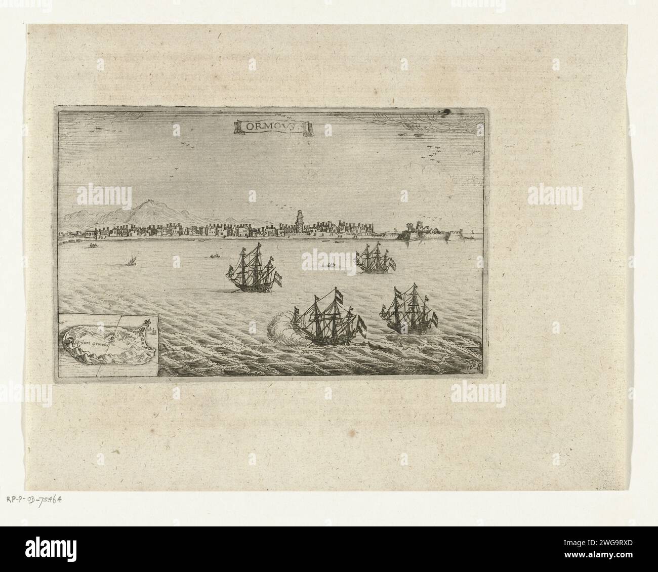 Ships at the island of Hormoz, 1629, 1646 print Ships on the island of Hormoz and the city of Gamron (Bandar-e Abbas) on the mainland of Persia, February 1629. At the bottom left a bet with a small card from the island of Hormoz. Part of the illustrations in the report of the trips of Pieter van den Broecke to the East Indies, 1605-1640, No. 8. Northern Netherlands paper etching / engraving exploration, expedition, voyage of discovery. landscapes in tropical and sub-tropical regions Hormoz, Jazih-YE. Gamron Stock Photo