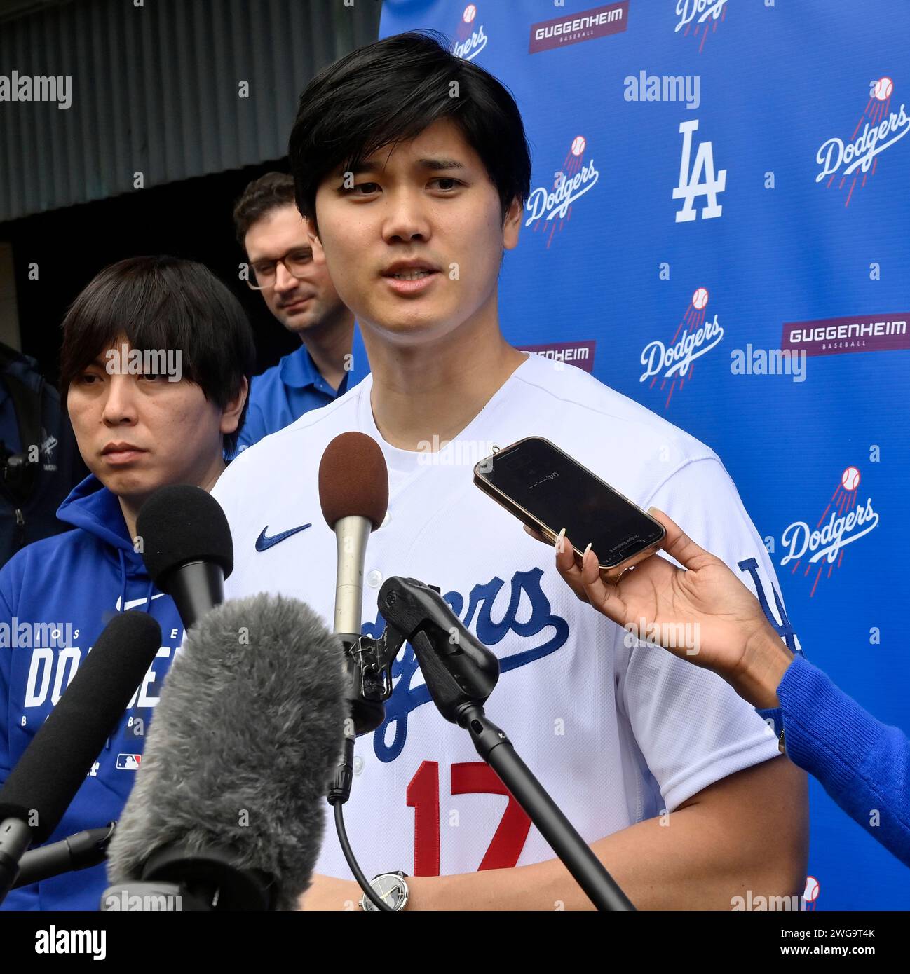 Los Angeles, United States. 03rd Feb, 2024. Shohei Ohtani speaks to a ...