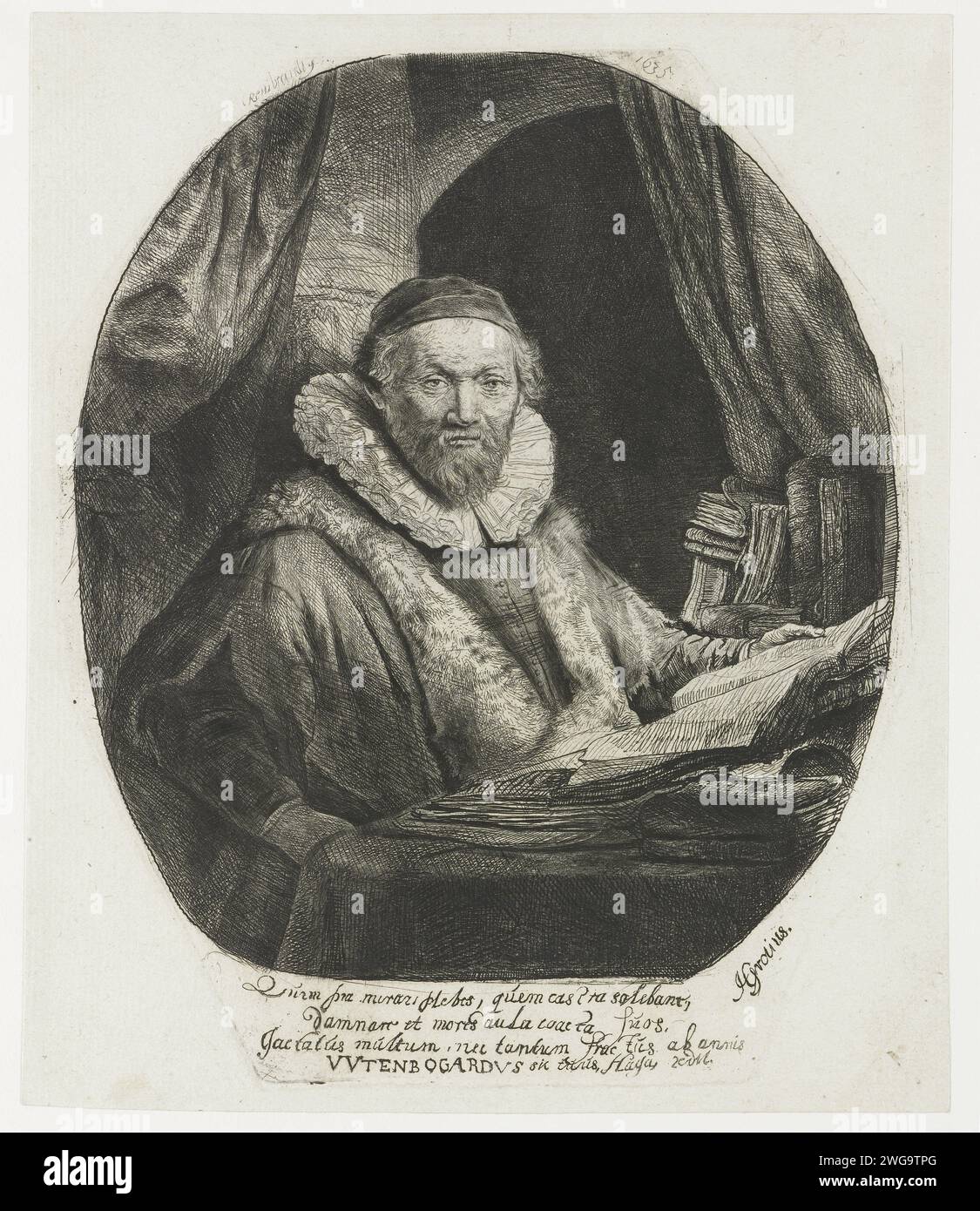 Jan Uytenbogaert, Preacher of the Remonstrants, Rembrandt van Rijn, 1635 print   paper etching Stock Photo