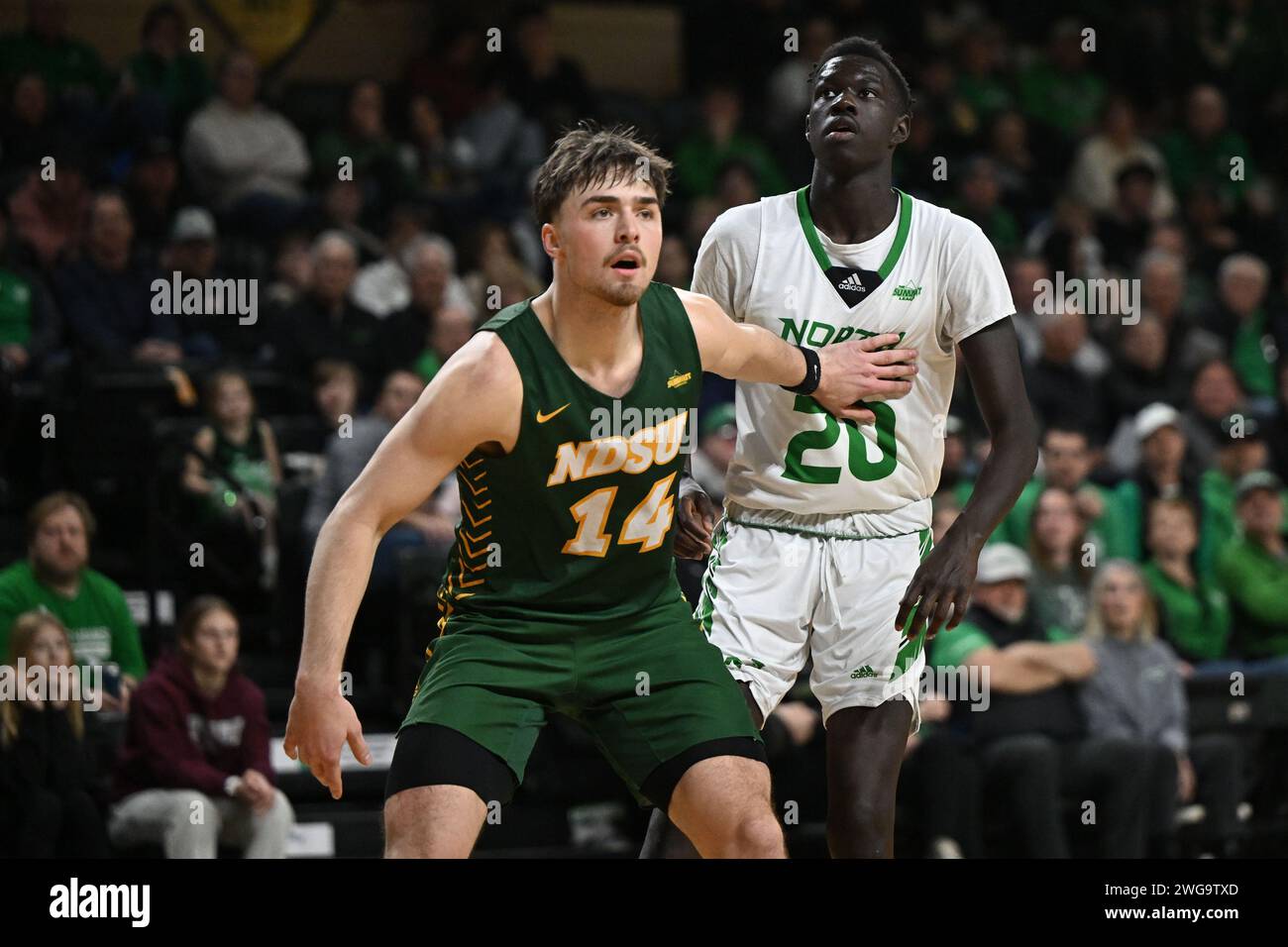 North Dakota State Bison guard Boden Skunberg (14) boxes out North Dakota Fighting Hawks forward B.J. Omot (20) during an NCAA men's Summit League basketball game between the North Dakota State Bison and the University of North Dakota Fighting Hawks at Betty Engelstad Sioux Center in Grand Forks, ND on Saturday, February 3, 2024. North Dakota won 60-58.Russell Hons/CSM Stock Photo