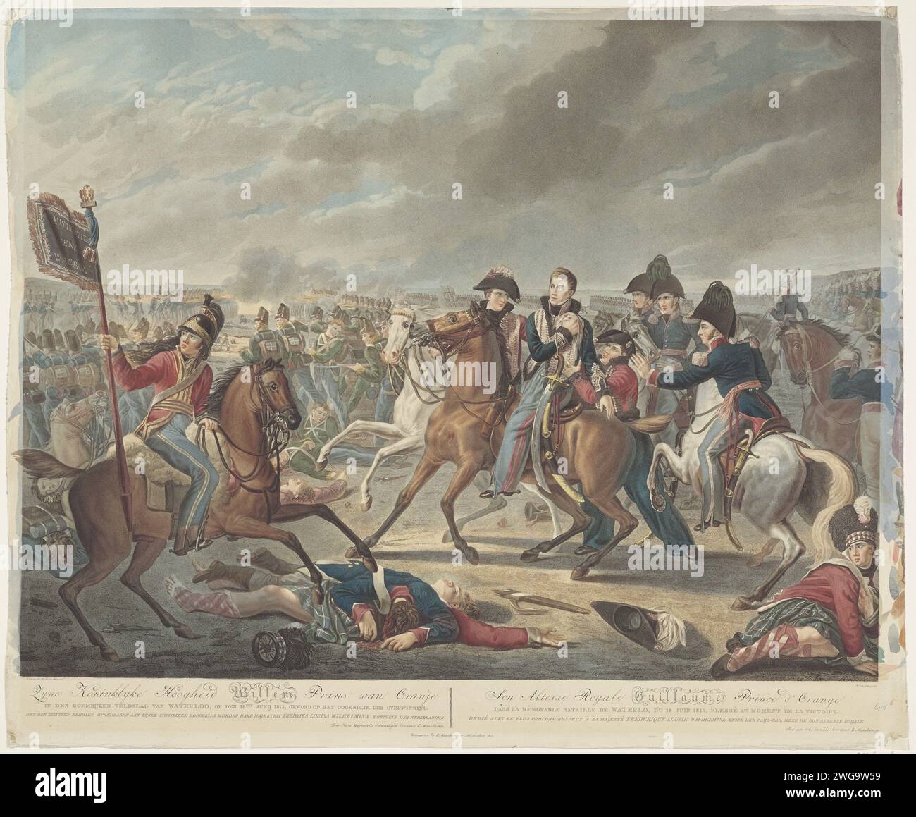 His royal highness Willem Prins van Oranje in the ramps battle of Waterloo, on the 18th of June 1815, injured at the moment of the victory / son Altesse Royale Guillaume Prince d'Orange (...), 1817 print The Prince of Orange is injured during the Battle of Waterloo, June 18, 1815. Centrally the Prince on horseback who grabs his shoulder, his staff rushes to the rescue. On the left comes a dragonder with the conquered French standard on which the names Austerlitz, Jena and Wagram. In the foreground on the right an injured Scottish soldier. print maker: Netherlandsafter painting by: Brusselspubl Stock Photo