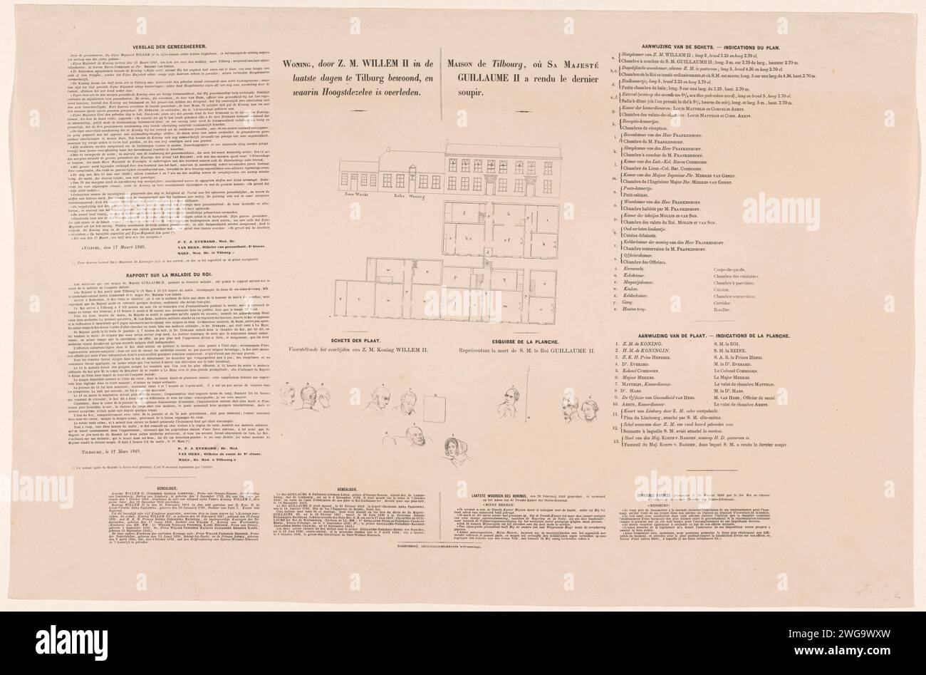 Declaration at the print of the death of King William II, 1849, 1849 print Separate statement belonging to the print of the death of King William II in Tilburg on March 17, 1849. Central a map of the King's home in Tilburg, including a key with the names of the proposed persons. Left, right and at the bottom of the report of the doctors, the genealogy and the last words of the king and the legends A-Z and 1-13. print maker: The Hagueafter drawing by: Netherlandsprinter: The Hague paper  deathbed Tilburg Stock Photo