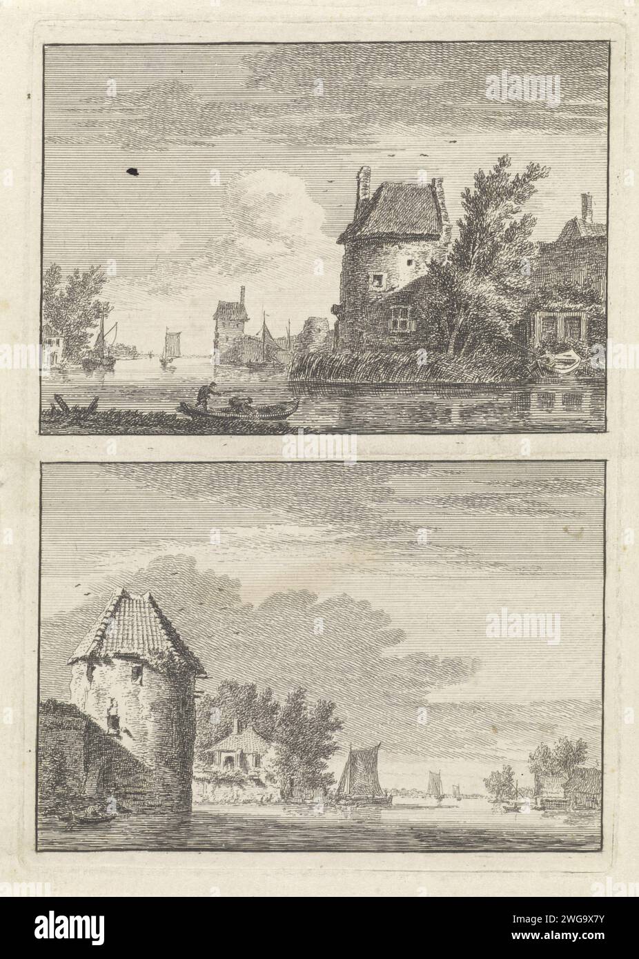 Two river landscapes with a tower, Hendrik Spilman, 1742 1784 print