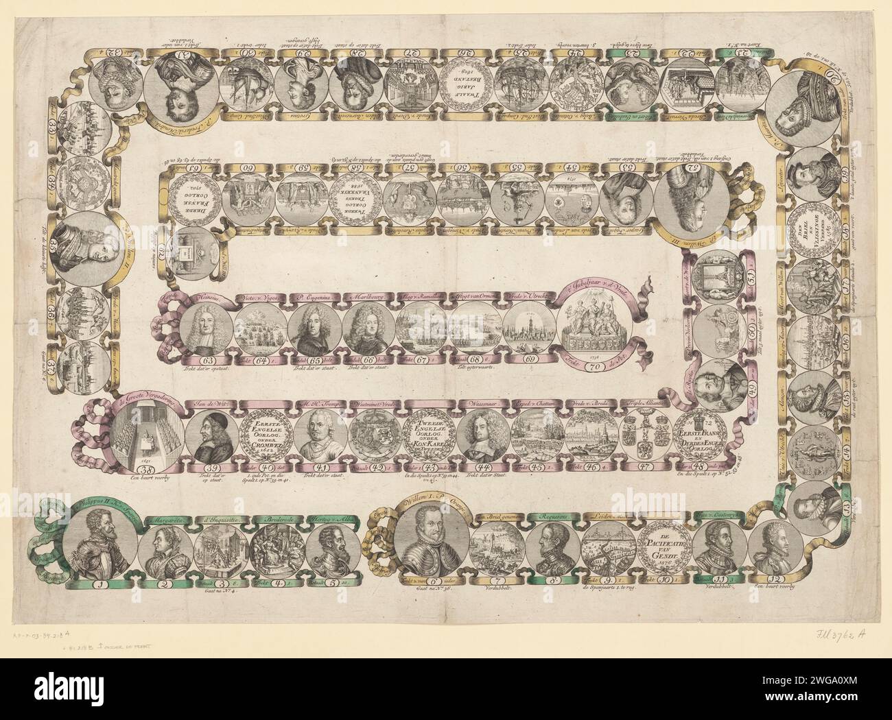 Dutch History game, 1738, 1766 print. gameboard Bord game about Dutch history. Game with 70 boxes starting with Philip II and ending with the Jubeljaaar of the Peace in 1738 (25th anniversary of the Peace of Utrecht in 1713). Each box refers to a historical event or person. The print includes a booklet with the rules. print maker: Northern Netherlandspublisher: The Haguepublisher: The Hague paper etching / engraving goose-game Stock Photo