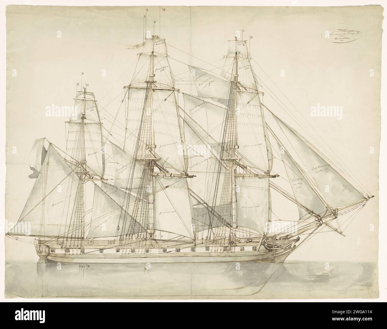 Spanish frigate, Willem Anthonie van Deventer, 1834 - 1893 drawing   paper. pencil. ink pen / brush navy (+ sailing-ships). sailing-ship, sailing-boat Stock Photo