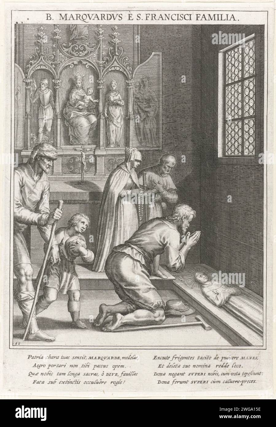 Worship of the grave of the blissful Markard Weissmaler, Raphaël Sadeler (I), after Johann Mathias Kager, 1615 print Interior of a church. Needle kneeling and praying for the grave of the blissful Marward Weissmaler, a lay brother Franciscan. The print has a Latin caption and is the 58th print of a 60-part series on the subject of the saints of Bavaria. München paper engraving / etching saints. miraculous healing. (veneration of) devotional objects. grave, tomb. parts of church interior (crypt). altar with altar-piece (+ Mary). the poor Bavaria Stock Photo