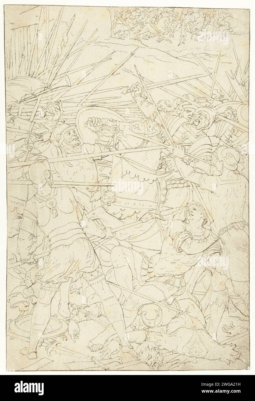 Israelites beat the Canaanites, Anonymous, After Dirck Pietersz. Crabeth, 1545 drawing Design for a glass window.  paper. ink pen the book of Joshua (Josue) Stock Photo