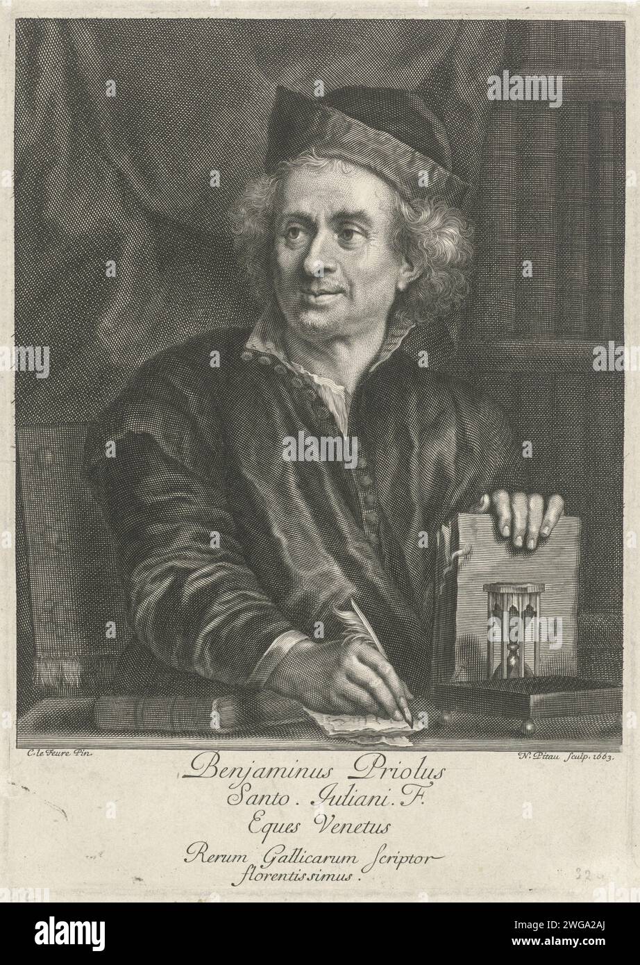 Portret van Benjamin Priolo, Nicolas Pitau (I), after Claude Lefèbvre ...