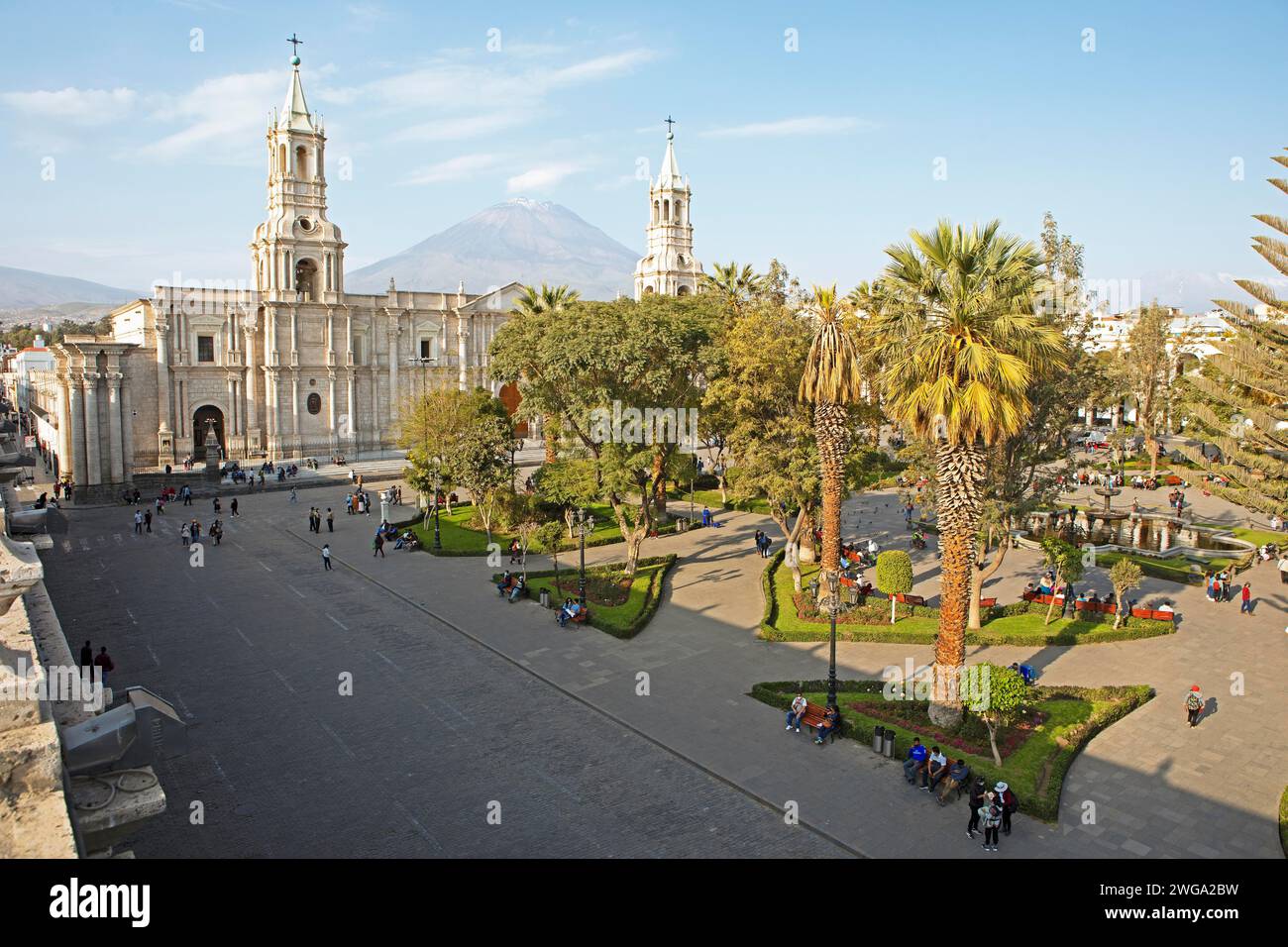 Cathedral of Arequipa or Cathedral Basilica of Santa Maria at the Plaza Principal, behind the volcano Misti, Arequipa, Province Arequipa, Peru Stock Photo