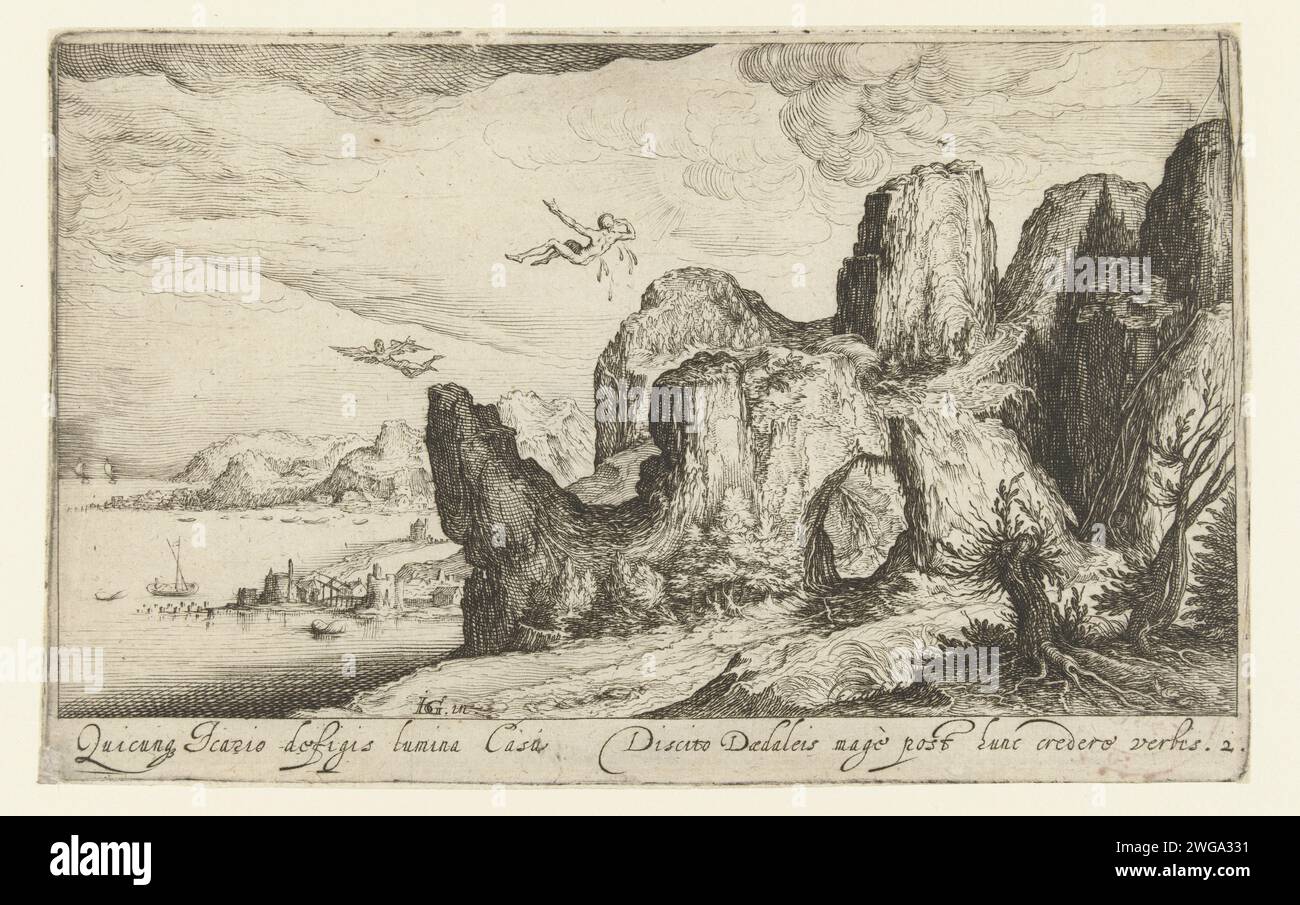 Landscape with the fall of Icarus, 1608 - 1612 print Mountainous landscape on a water. A little to the left of the middle, Icarus flies through the air; To the right, he falls, the molten was from his wings in drops on his shoulders. Under the show one line of Latin text. This print is part of a series of six (one) numbered prints with landscapes. print maker: Netherlandspublisher: Delft paper engraving / etching death i.e. the fall of Icarus (Daedalus present). landscapes Stock Photo