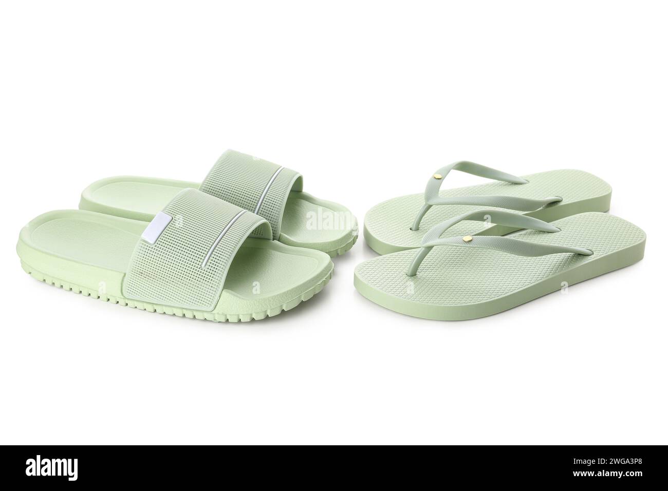 Colorful pairs of female flip flops on white background Stock Photo - Alamy