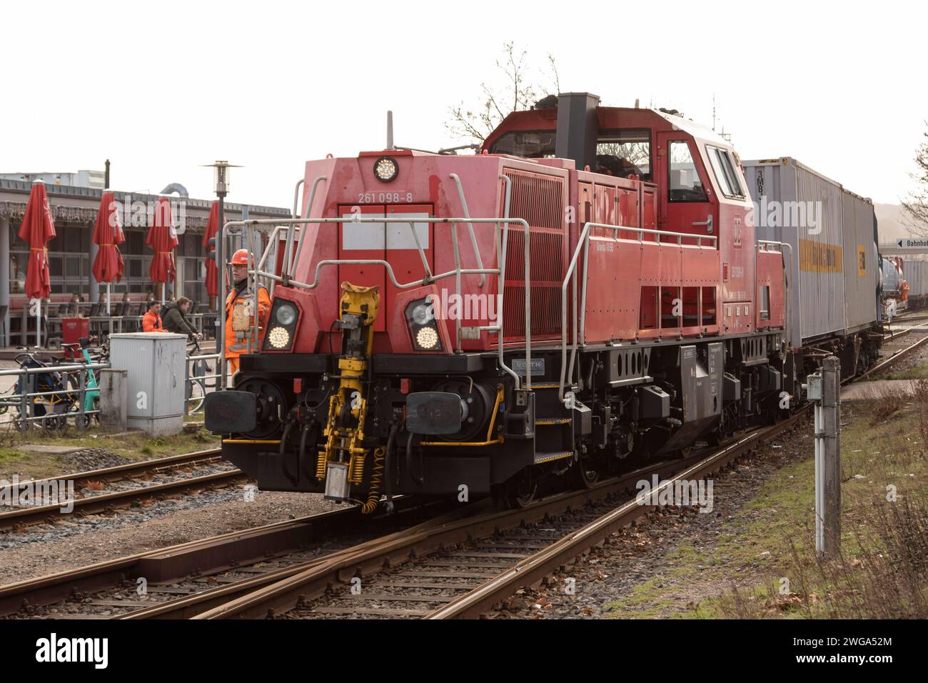 Symbolic image logistics, freight transport, railway tracks with locomotive and freight wagons of Deutsche Bahn in the harbour at Kiel Fjord, Baltic Stock Photo