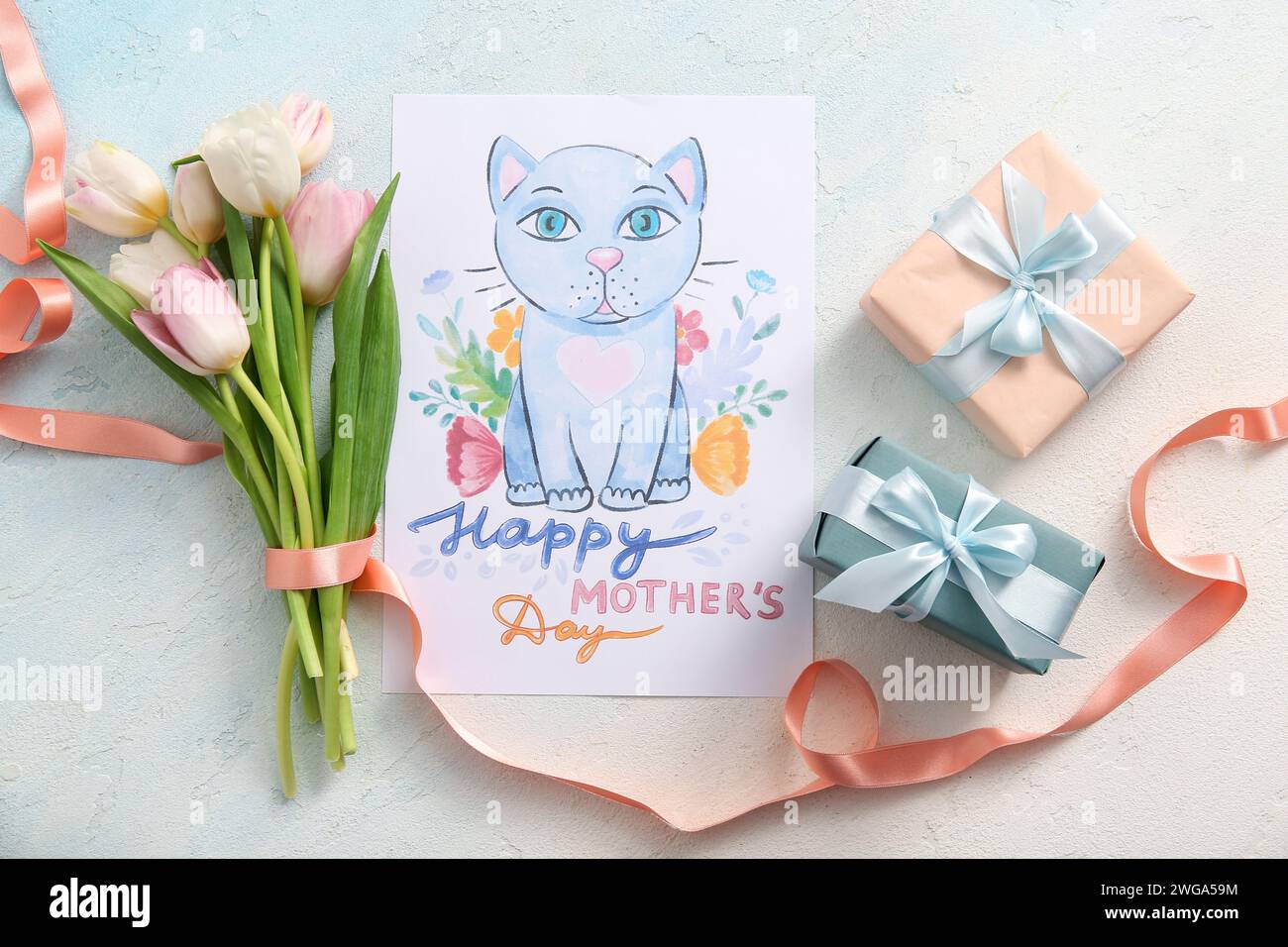 Card with text HAPPY MOTHER'S DAY, gift boxes and tulip flowers on ...