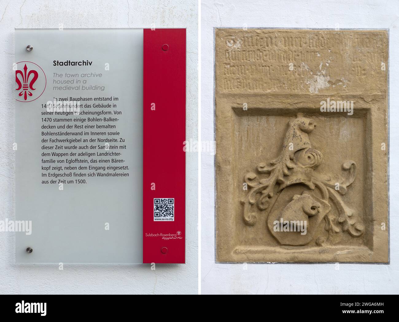 Information board at the town archive and the historical coat of arms of the noble land judge family von Egloffstein, 15th century Stock Photo