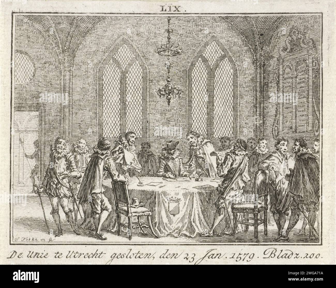 Closing the Union of Utrecht, 1579, 1782 - 1784 print Closing the Union of Utrecht. View of interior with a group of men around a table, January 23, 1579. Northern Netherlands paper etching alliance, league, union, foedus Stock Photo