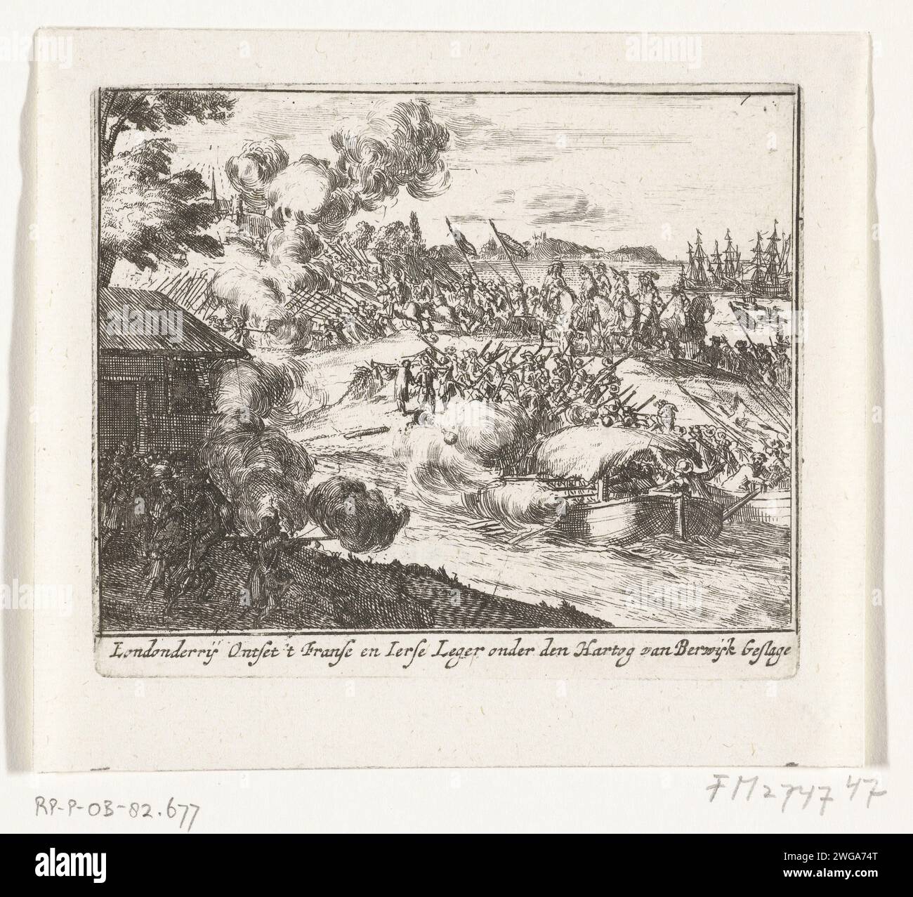 Relaxing of Londonderry, 1689, 1711 print Relief of Londonderry on July 28, 1689 after having been besieged by the army of King Jacobus II from April 18. Part of a series about the fortunes of the English royal family of Stuart from 1558-1711, of which sixteen prints have been included here about the battle between Jacobus II and William III in the years 1688-1689. print maker: Northern Netherlandsprint maker: Northern Netherlandspublisher: Amsterdam paper etching raising the siege with outside assistance, relief Londonderry Stock Photo