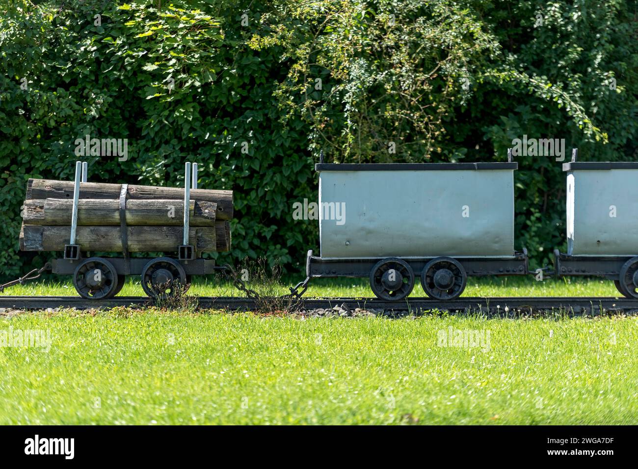 Trolleys for transporting support beams and lignite underground, mining, mine car, wagon, open-air museum at Weckesheim railway station Stock Photo