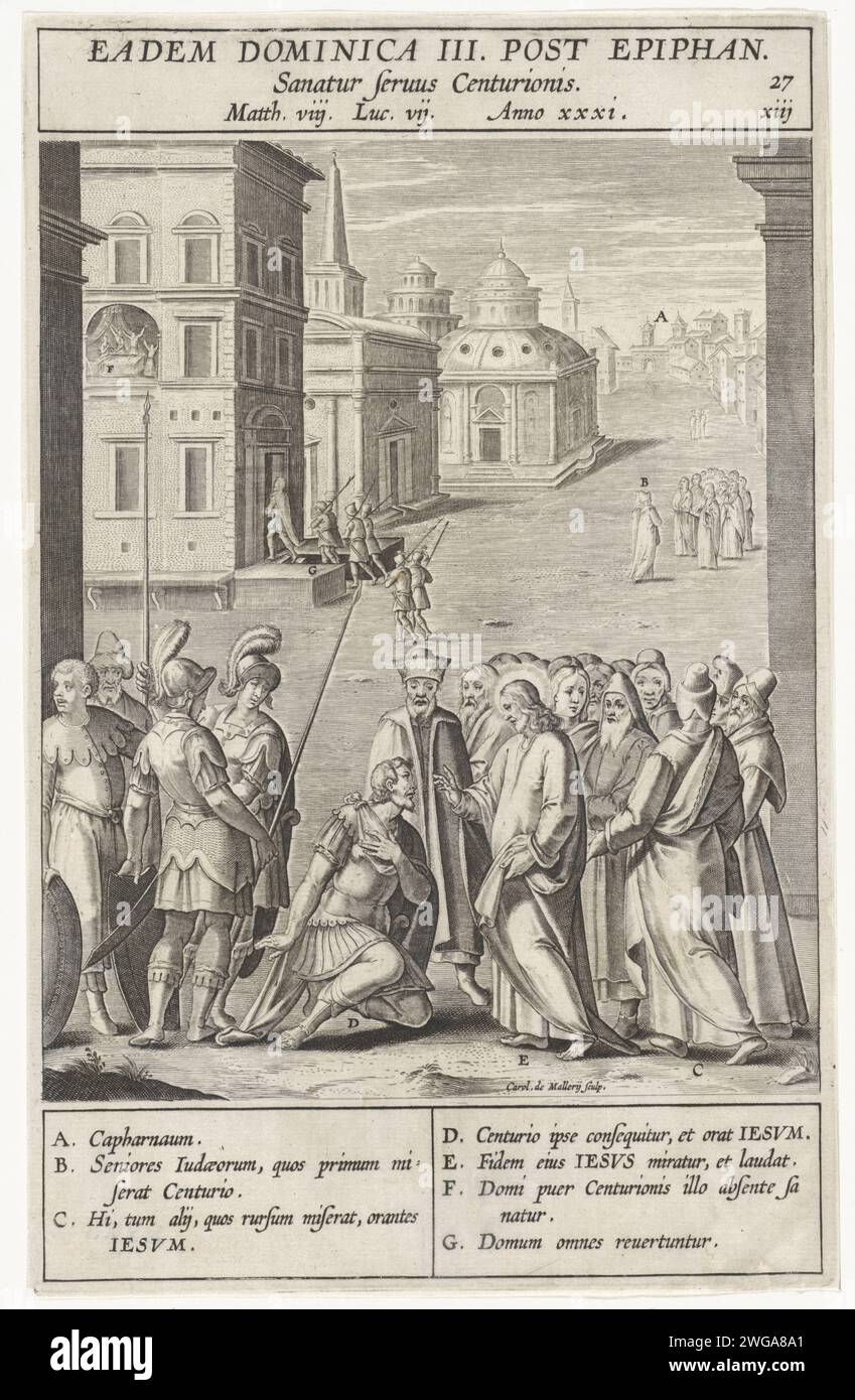 Chief of Kafarnaüm begs Christ for help, Wierix (Rejected Attribution), After Bernardino Passeri, 1593 print In Kafarnaüm, a Roman centurio kneels, surrounded by his soldiers, before Christ. He asks him to heal his servant. Various elements from the performance are letters that correspond with the legend in the margin. Antwerp paper engraving the centurion of Capernaum, kneeling before Christ, begs him to heal his paralytic servant (or son) (Matthew 8:5-13; Luke 7:1-10; John 4:46-54) Stock Photo