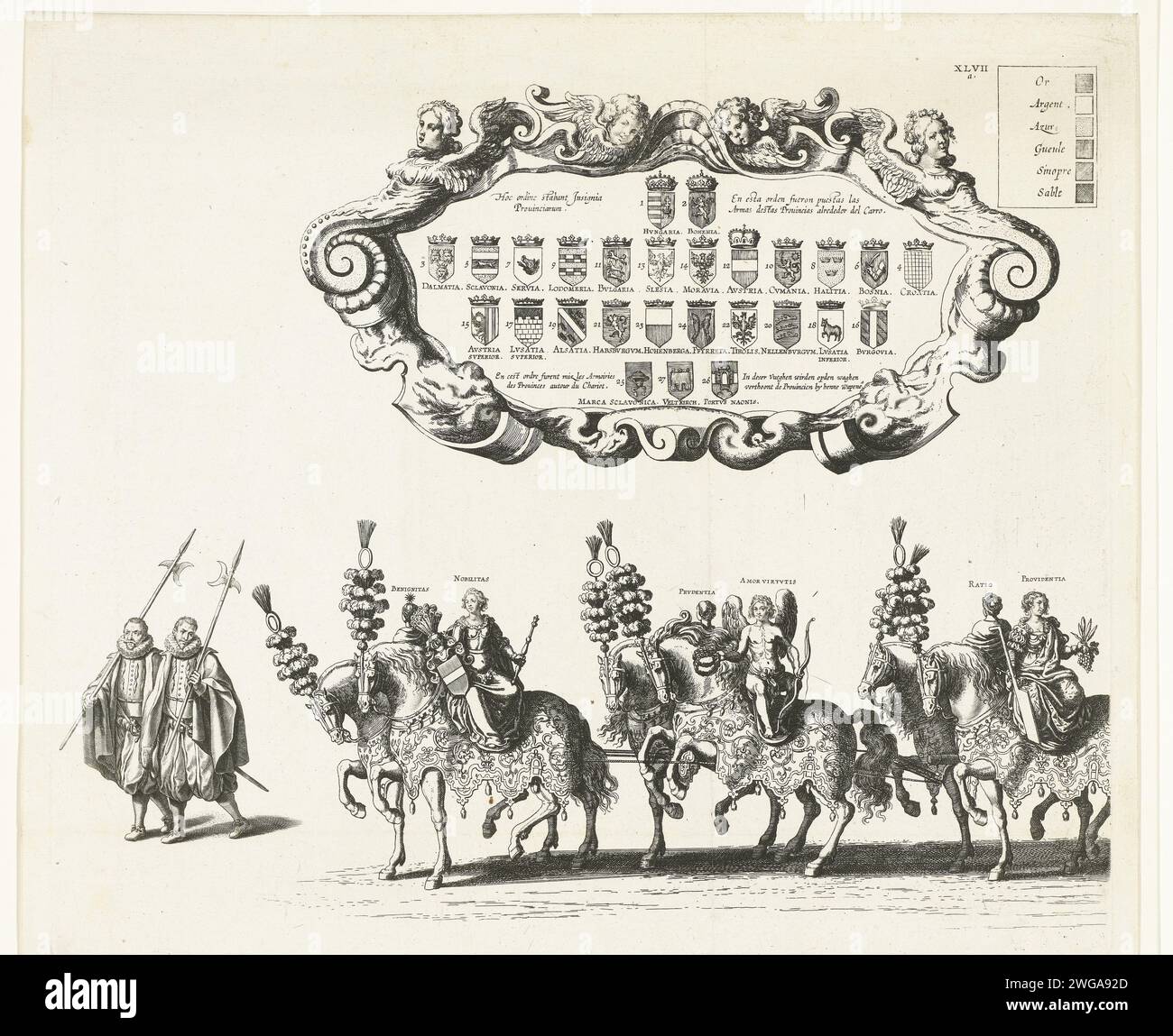 Floating car in the funeral procession of Archduke Albrecht (left plate) (plate XLVIIA), 1622, 1623 print The front part of the floats in the funeral procession, left plate. The first six horses that pull the floats. At the top of a cartouche with the provinces of the provincial ways. Plate XLVIIA in the series of the funeral of Archhertog Albrecht of Austria in Brussels on March 12, 1622. Southern Netherlands paper etching cortege, funeral procession. float  triumph Brussels Stock Photo