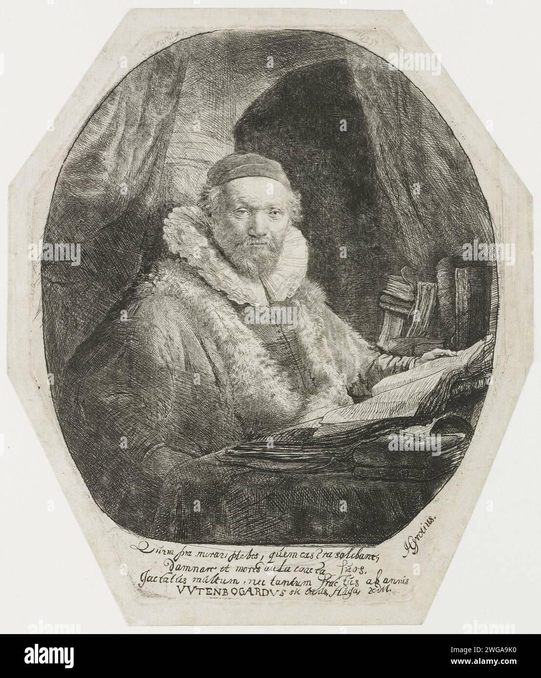 Jan Uytenbogaert, Preacher of the Remonstrants, Rembrandt van Rijn, 1635 print   paper etching Stock Photo