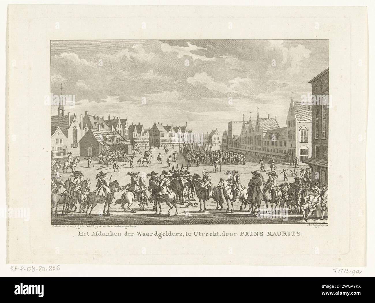 The remediation of the Waardgelders in Utrecht, 1618, 1793 print The disposal of the Waardgelders on the command of Prince Maurits, July 31, 1618. The troops are set up on the Neude in Utrecht, in the foreground Maurits with consequence and officers on horseback. Netherlands paper etching assembling of military forces; mobilization, troop concentration, etc.. warfare; military affairs (+ mercenary troops, e.g.: lansquenets). demobilization Neud Stock Photo