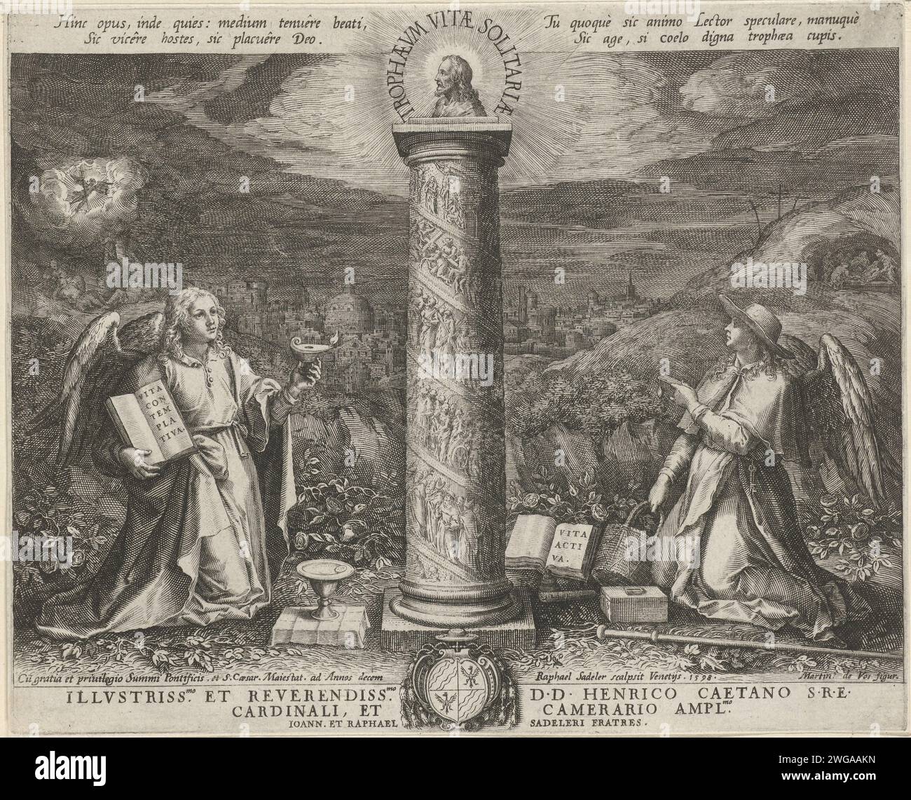 Two angels worship a column, Raphaël Sadeler (I), After Maerten de Vos ...