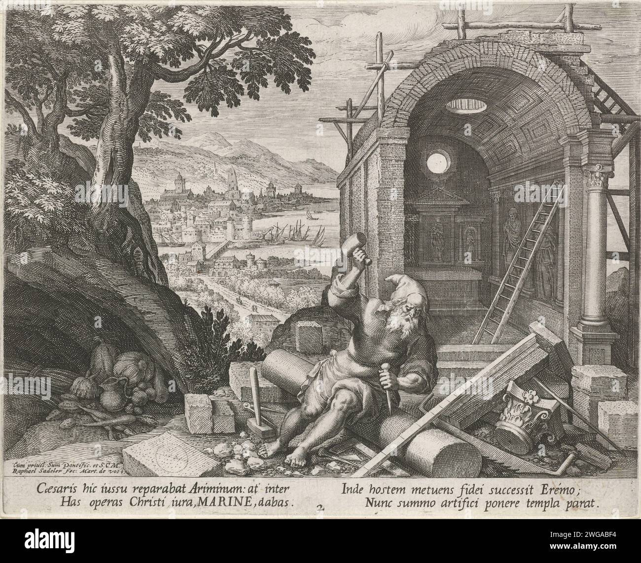 Holy Marinus as a recluse, Raphaël Sadeler (I), After Maerten de Vos, 1600 print In the foreground the H. Marinus of Rimini, an early Christian hermit. He edits a column with a hammer and chisel. Around him construction tools and a church in construction. In the background the city of San Marino. Venice paper engraving male saints (with NAME). anchorite, hermit. mason at work. building of church San Marino Stock Photo