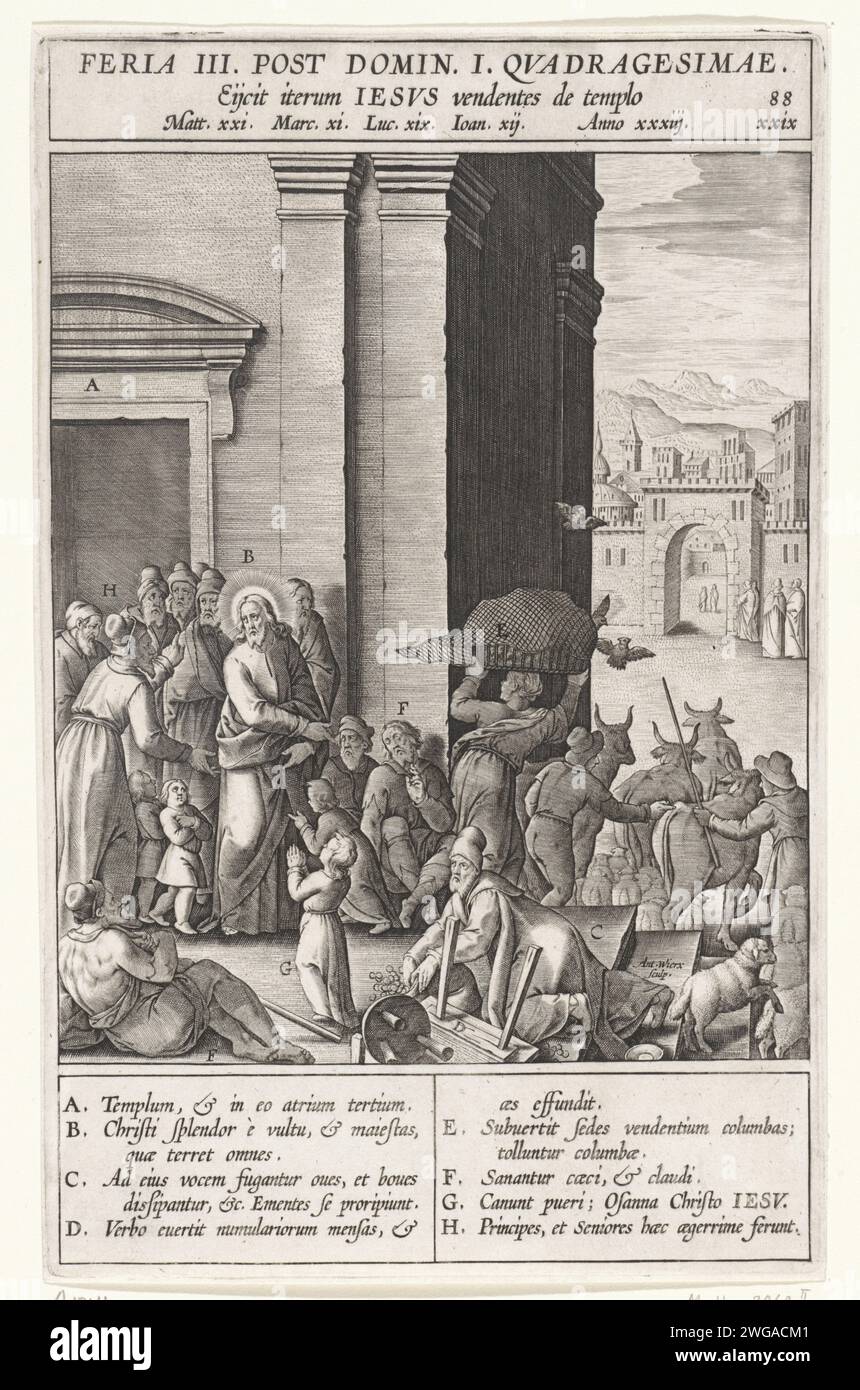 Cleaning of the Temple, Antonie Wierix (II), After Bernardino Passeri, 1593 print Christ drives sellers and money changers from the temple. Blind and paralyzed come to him to be healed by him. The high priests and the scribes see what miracles Christ performs. Various elements from the performance are letters that correspond with the legend in the margin. Antwerp paper engraving purification of the temple ('first' and 'second'): Christ driving the money-changers from the temple with a whip (Matthew 21:12-13; Mark 11:15-17; Luke 19:45-46; John 12:12-19) Stock Photo