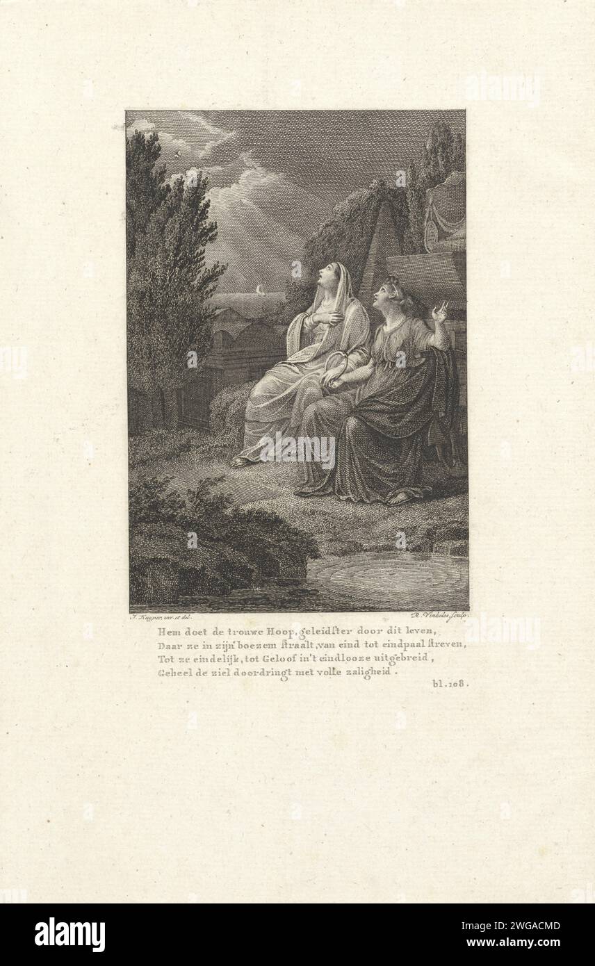 Night face with two women who look at the broken heaven, Reinier Vinkeles (I), after Jacques Kuyper, 1807 print  Amsterdam paper etching / engraving firmament, sky. night  landscape (sometimes titled 'Nox'). sailing-ship, sailing-boat. serpent Ouroboros Stock Photo