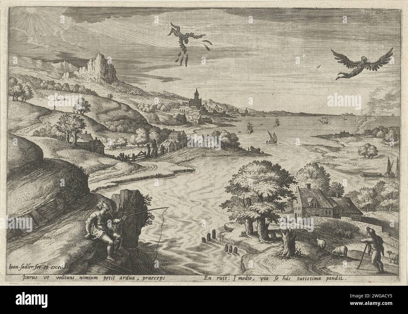 Val van Icarus, Johann Sadeler (I), after Gillis Mostaert (I), 1560 - 1600 print Landscape with a river. Daedalus and Icarus in the air. Icarus flies too high at the sun. The laundry of his wings melts and it falls from the sky. In the foreground, a fisherman (left) looks at the scene, while a shepherd also looks at the air. The first print of a six -part series of landscapes with mythological scenes. print maker: unknownafter drawing by: Antwerppublisher: unknown paper engraving death i.e. the fall of Icarus (Daedalus present). river Stock Photo