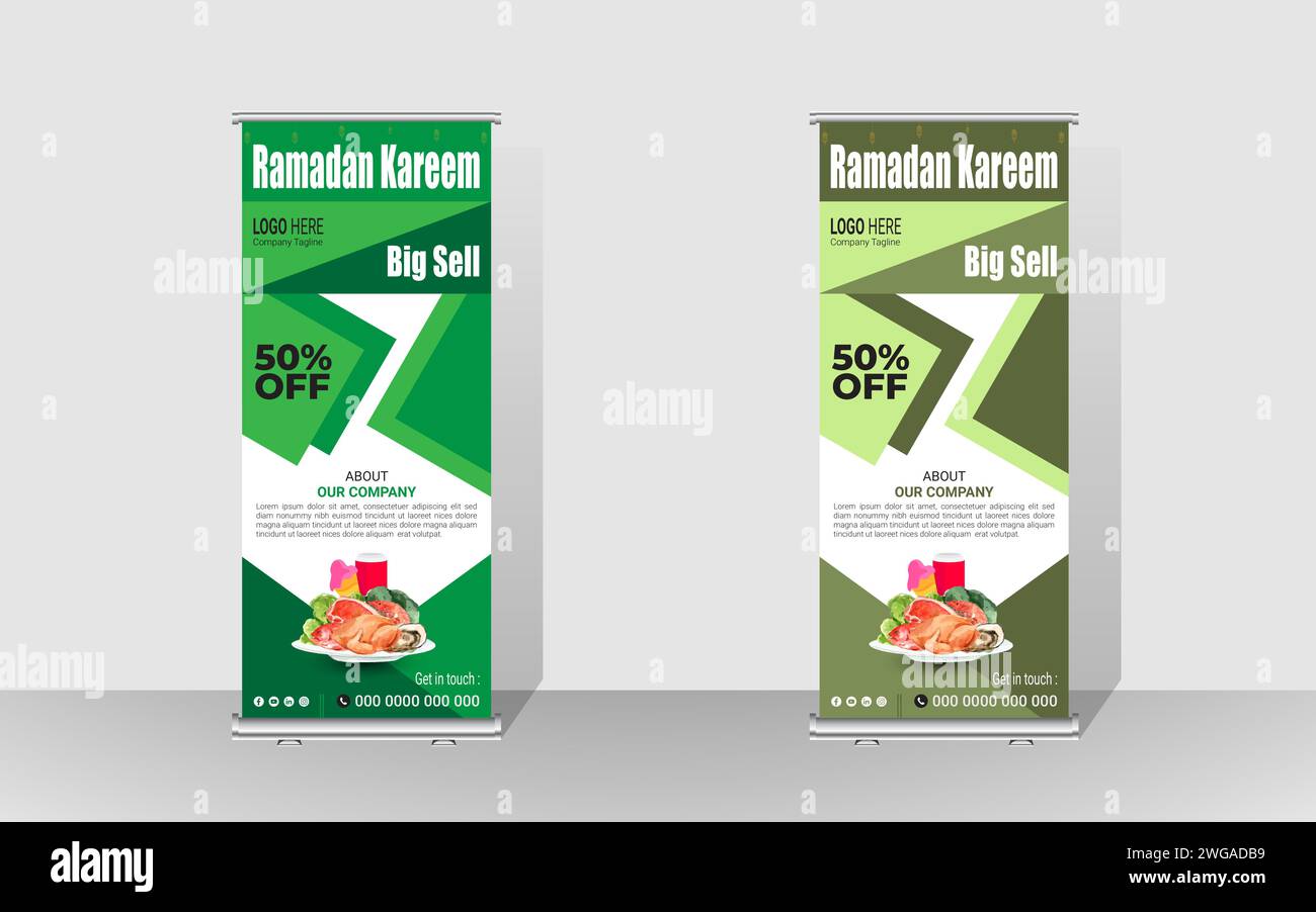 Happy Ramadan Rollup banner template design. Ramadan Sell or best offer Billboard Design. Stock Vector