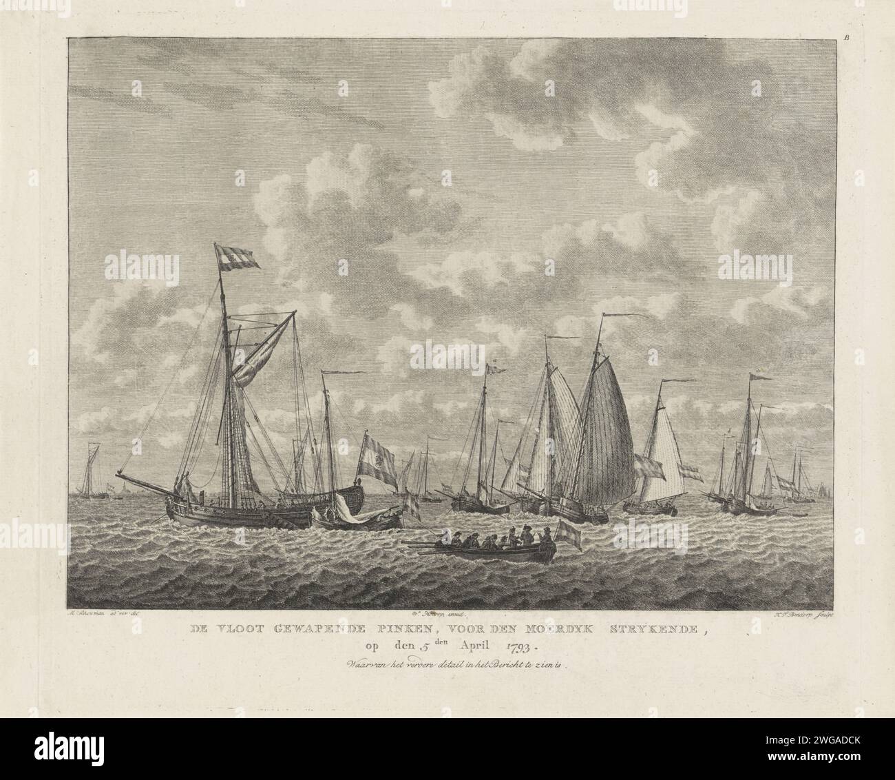 Armed Pinken at the Moerdijk, 1793, Carel Frederik Bendorp (I), After Martinus Schouman, 1793 print The fleet of armed pinks strokes the sails at the Moerdijk, April 5, 1793, as a defense against the French. Marked at the top right: B. See Pendant. print maker: Northern Netherlandsafter drawing by: Dordtse Kil paper etching / engraving sailing-ship, sailing-boat Moerdijk Stock Photo