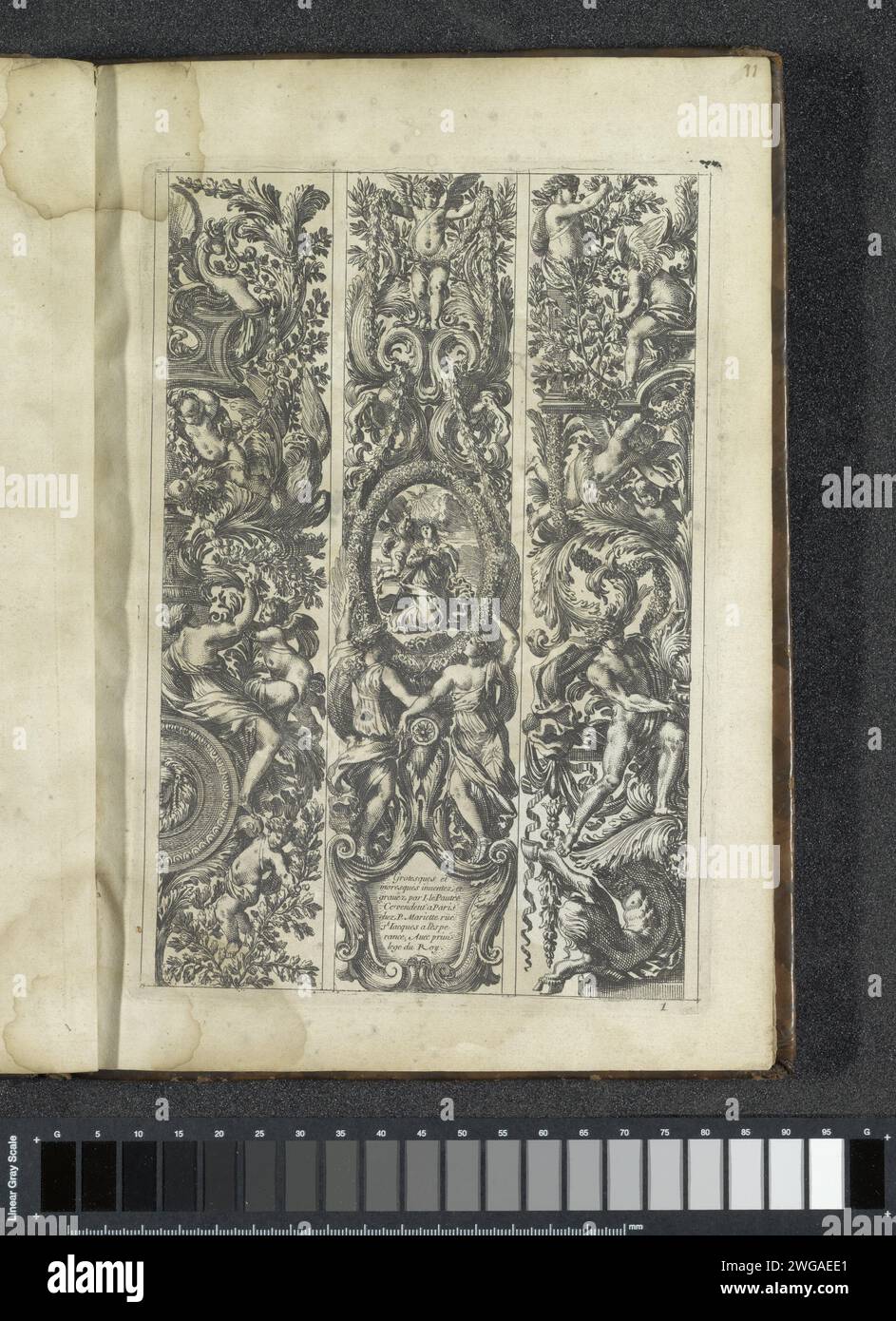 Three vertical panels with leaf ornament and figures, After 1634 - Before 1667 print Three vertical panels with leaf ornament and figures. In the middle panel an oval medallion containing the personification of hope. Print is part of an album. Paris paper etching ornaments  art. ornament  grotesque. Hope, 'Spes'; 'Speranza divina e certa' (Ripa)  one of the Three Theological Virtues Stock Photo