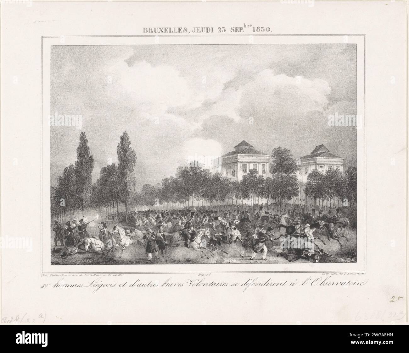 Fighting at the Observatory in Brussels, 1830, Pierre Simonau, 1830 - 1831 print 50 Liège men, together with other courageous volunteers, defend themselves against the Dutch troops at the observatory in the Warandepark in Brussels on September 23, 1830. Part of a group of prints from various other series related to the records in the Recueil about the events during the Belgian Revolution in Brussels, Antwerp and other cities in the period 25 August 1830 to 27 March 1831. Brussels paper  battle. observatory (~ astronomy) Brussels. Wara -park Stock Photo