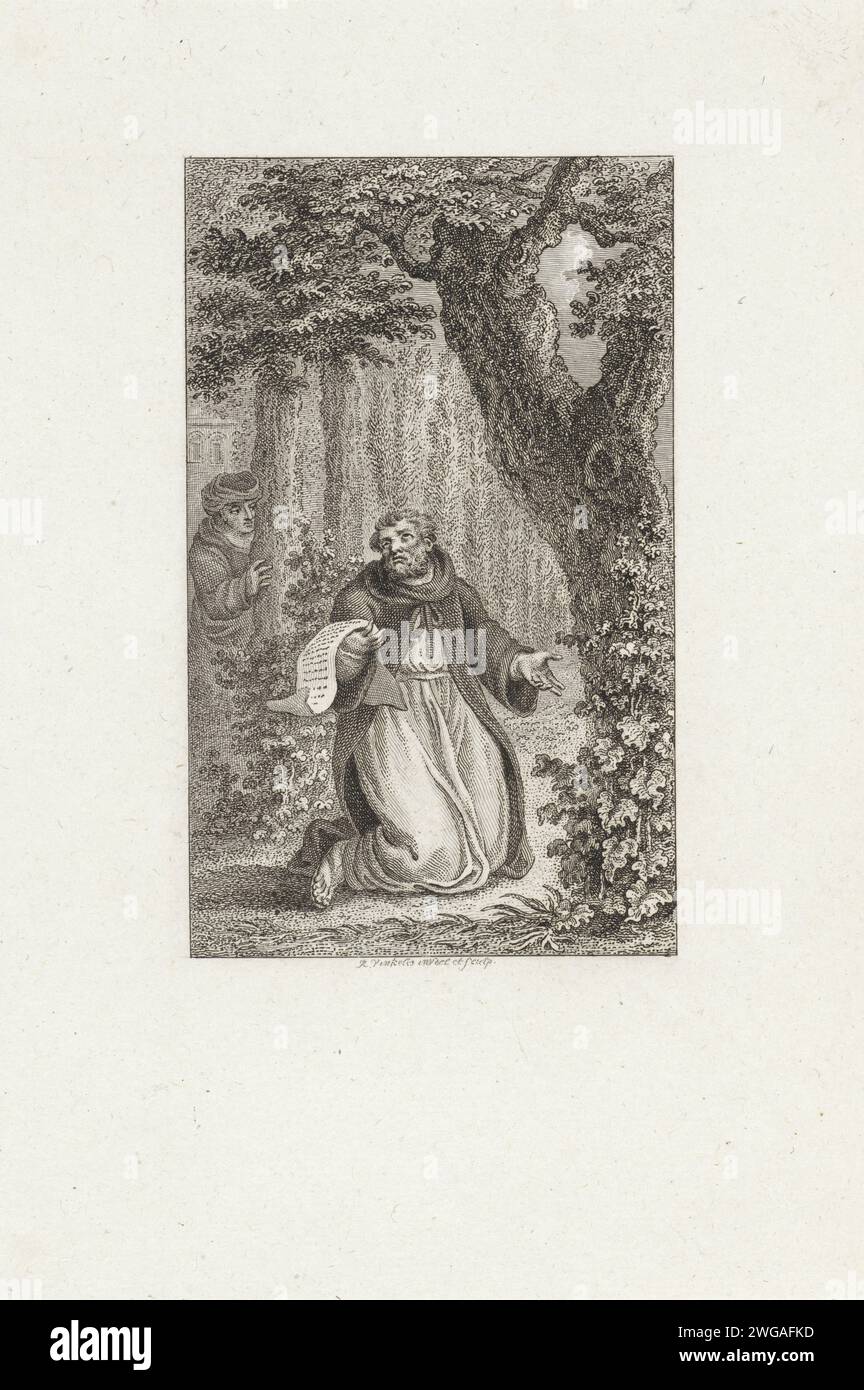 Aurelius Augustinus prays to God under a tree, Reinier Vinkeles (I), 1804 print Under a tree, Aurelius Augustine, with a sheet described in his arm, is praying to God. His friend Alypius watches from behind a tree. Amsterdam paper etching / engraving one person praying. forest, wood. trees. spying on someone Stock Photo