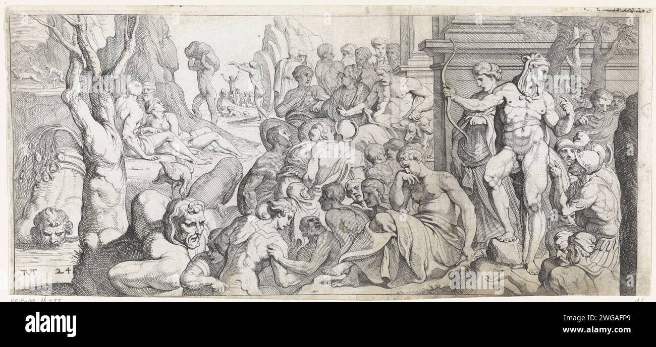 Odysseus in the underworld, Theodoor van Thulden, After Francesco Primaticcio, 1632 - 1633 print Odysseus visiting the underworld. Hades, the ruler of the underworld, is in the middle with the three -headed dog Cerberus. On the right, Odysseus meets the hero Hercules. Paris paper etching / engraving Ulysses meets the ghosts of numerous queens, princesses, heroes, comrades, including his mother Anticlea Stock Photo