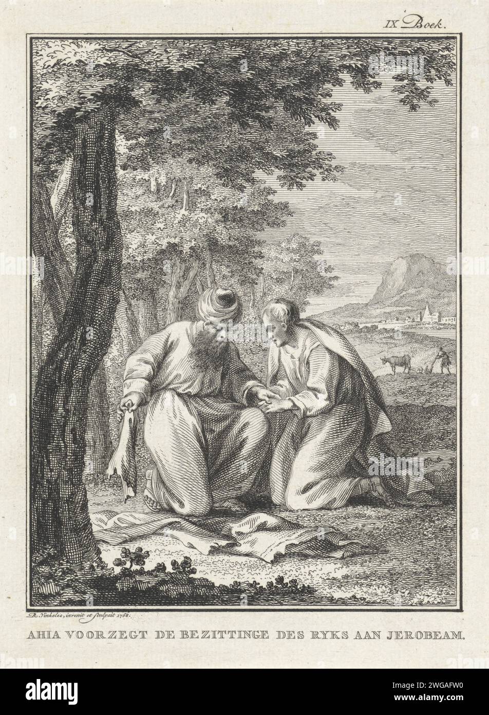 JeroBeam and the Prophet Achia, Reinier Vinkeles (I), 1768 print The prophet Achia has torn his cloak in twelve pieces and hands ten pieces to JeroBeam. The torn cloak symbolizes the split of the Jewish people. JeroBeam became king of ten of the twelve tribes. Amsterdam paper etching / engraving meeting of Jeroboam and the prophet Ahijah; Ahijah rends his garment in twelve pieces, ten of which he gives to Jeroboam Stock Photo