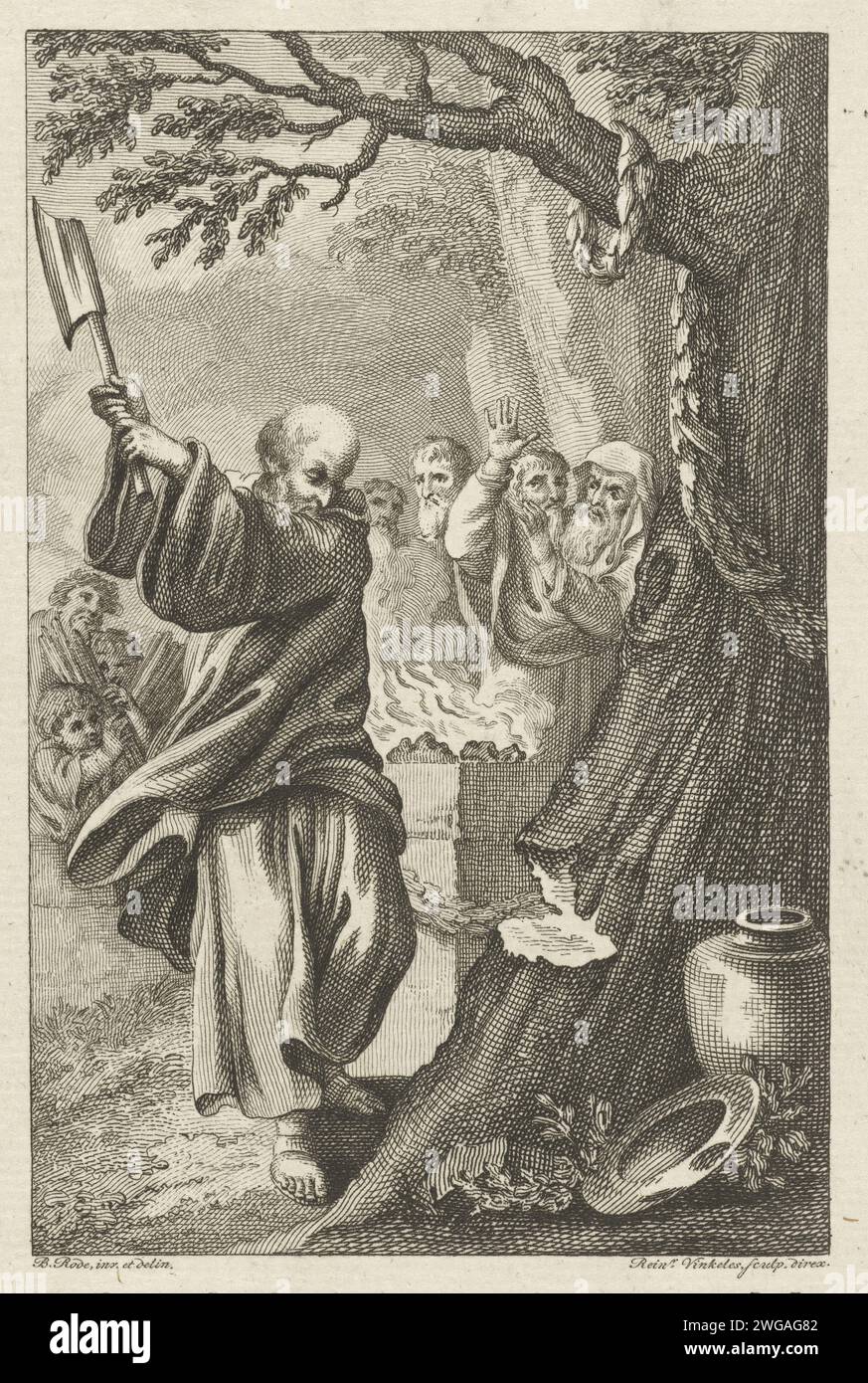 Boniface cuts the holy oak, 720, 1800 - 1802 print Boniface takes over the holy oak, the Donareik, worshiped by the Germanen. Netherlands paper etching the martyr Boniface, 'apostle of Germany', and archbishop of Mainz; possible attributes: axe in root of tree, book pierced by a sword, fountain (springing up from under his staff), whip. destruction of pagan idols Stock Photo