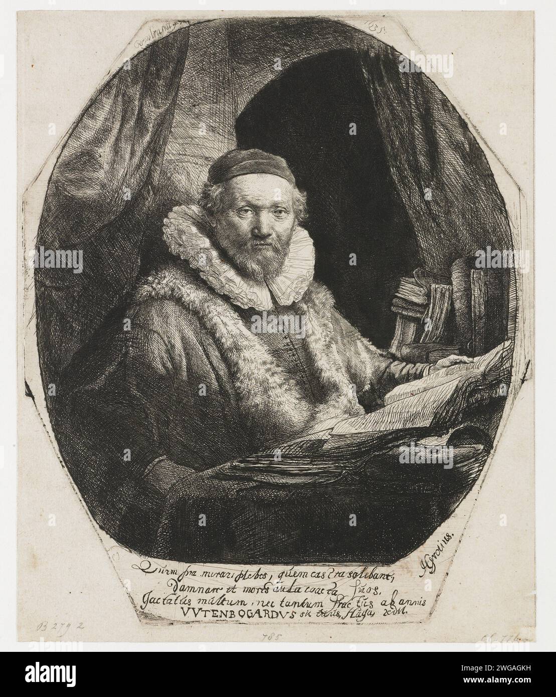 Jan Uytenbogaert, Preacher of the Remonstrants, Rembrandt van Rijn, 1635 print   paper etching Stock Photo