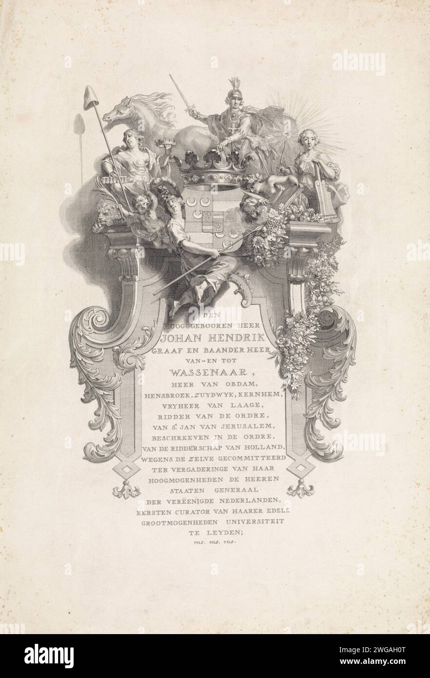 Ornamental frame crowned with the coat of arms of Johan Hendrik van Wassenaer Obdam, Jan Wandelaar, 1732 print Ornamental frame crowned with the Van Wassenaer Obdam family crest, which is held by Minerva. Above that a knight with a raised sword in the hands. On the left is the Dutch Virgin, a lance with freedom hat leans against her shoulder. A putto with a palm branch and a torch in her hands flies in front of her. On the right is a woman with a staff with the all -seeing eye in her hand. For her history that looks down. In the frame an assignment of 22 lines in Dutch, to Johan Hendrik van Wa Stock Photo