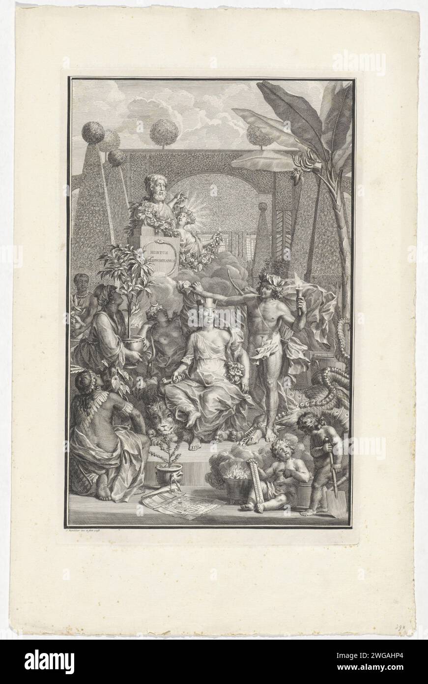 Various allegorical figures in the garden of George Clifford, Jan Wandelaar, 1738 print Allegorical title page with the 'earth mother' Cybele in the middle, seated on a lion and a lioness, with the keys to the garden in her hand. At her feet a pot with cliffortia Ilicifolia and thereby a map of the garden of the Hartekamp. On the left an African woman offers her an aloe from Africa, a woman with a turban brings her a plant of the Coffea Arabica from Asia and a figure with a fee offers Hernandia from America. On a pedestal on which the title in Latin, a bust of George Clifford (?). On the right Stock Photo