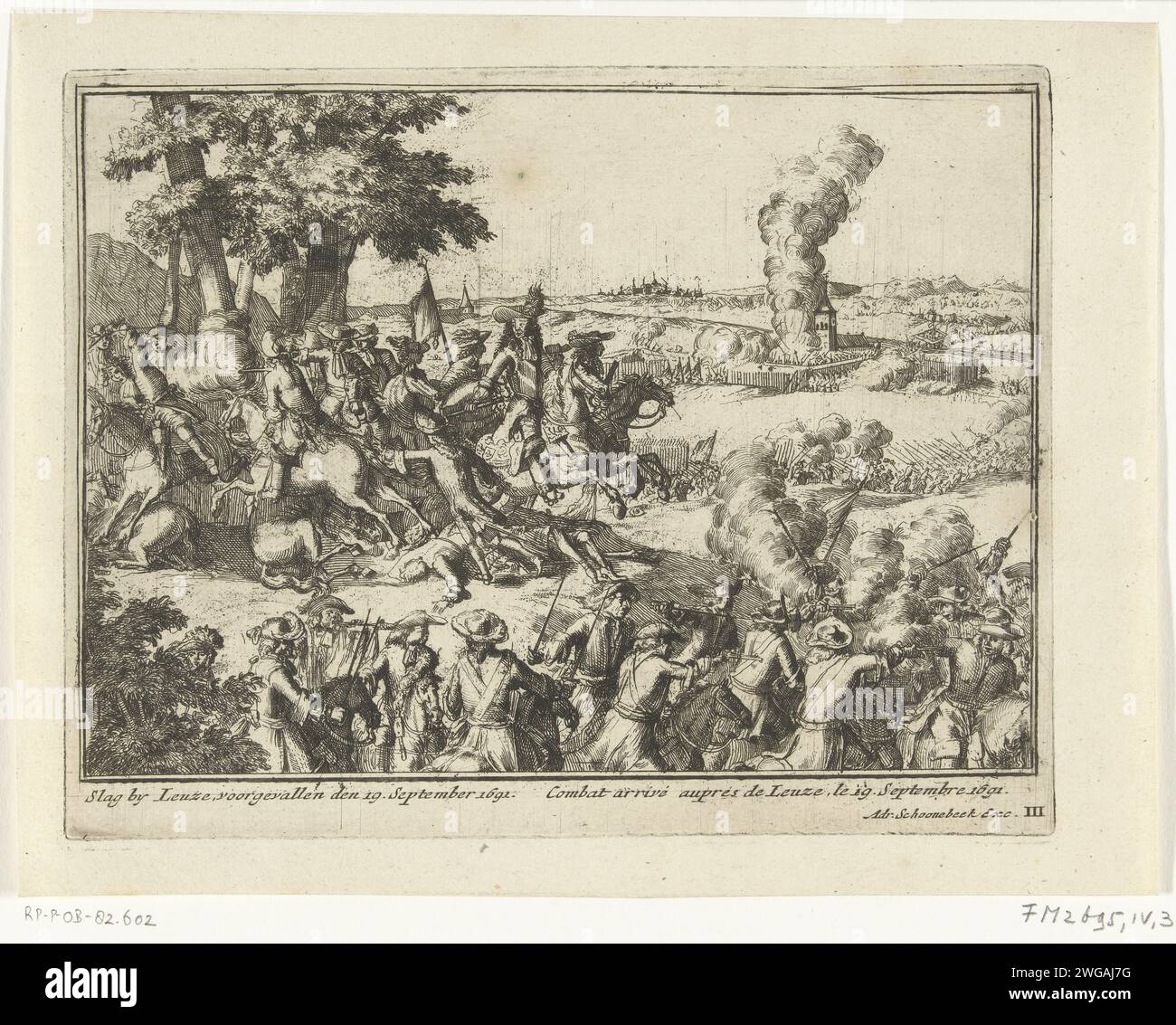 Battle of Leuze, 1691, 1695 print The army of King William III in the Battle of Leuze during the nine -year war, the city is conquered on September 19. Plate no. III in the series 'England's theater' over wars fed by William III in the years 1691-1695 after the Glorious Revolution, (fourth part). With captions in Dutch and French. print maker: Northern Netherlandsprint maker: Amsterdampublisher: Amsterdam paper etching battle (+ land forces) Slogan Stock Photo