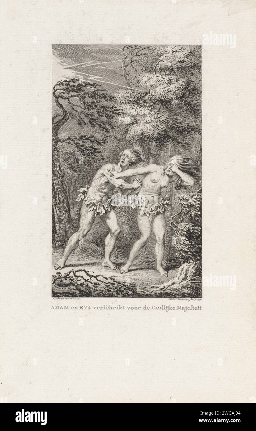 Expulsion from Paradise, Reinier Vinkeles (I), after Jacobus Buys, 1790 print Adam and Eva, running and begging, are driven out of paradise. Amsterdam paper etching / engraving God calls Adam and Eve to account for their deed Stock Photo