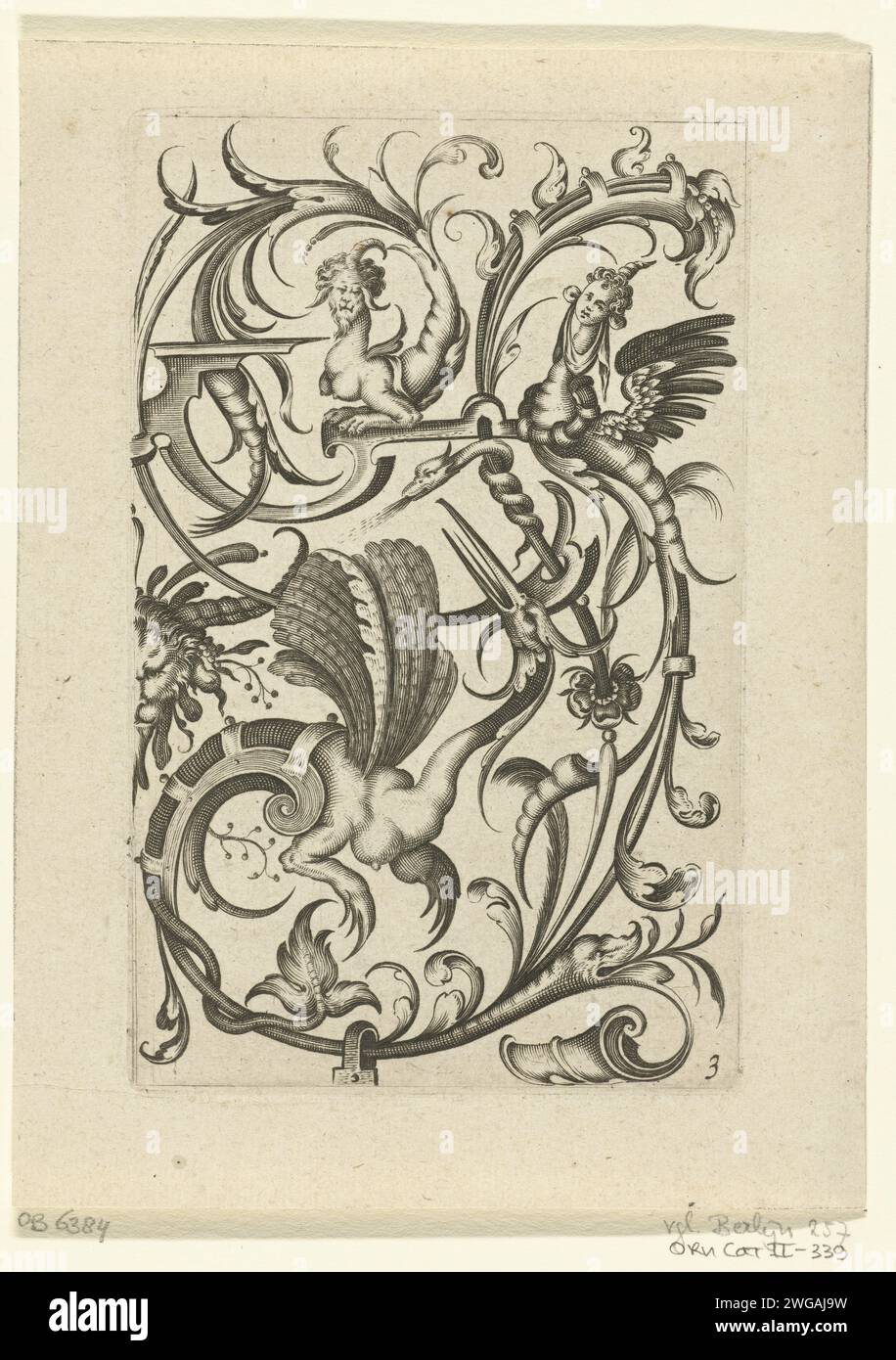 Grotesque Print Panel with leaf vines that run out in three grotesque samples, 1684 ...