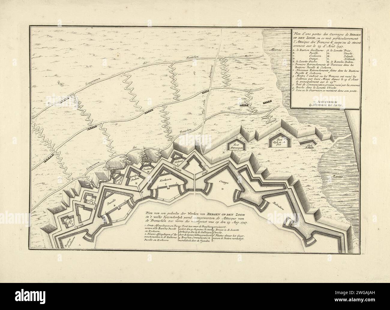 Map of part of the defenses of Bergen op Zoom, 1747, 1747 print Map of part of the defenses with the Bastions, Ravelins and Lunetten van Bergen op Zoom, with the location of the French attack on August 29, 1747. print maker: Northern Netherlandspublisher: Amsterdam paper etching / engraving fortress Bergen op Zoom Stock Photo