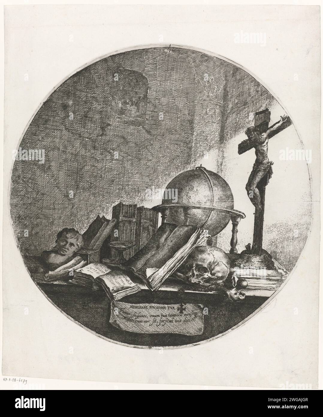 Vanitas with Globe, Crucifix, skull and books, Jan Matham, after Jacob Matham, 1628 - 1648 print Vanitasstill life with a globe, a crucifix, a skull, a bone and books on a table Haarlem paper etching 'Vanitas' still life Stock Photo